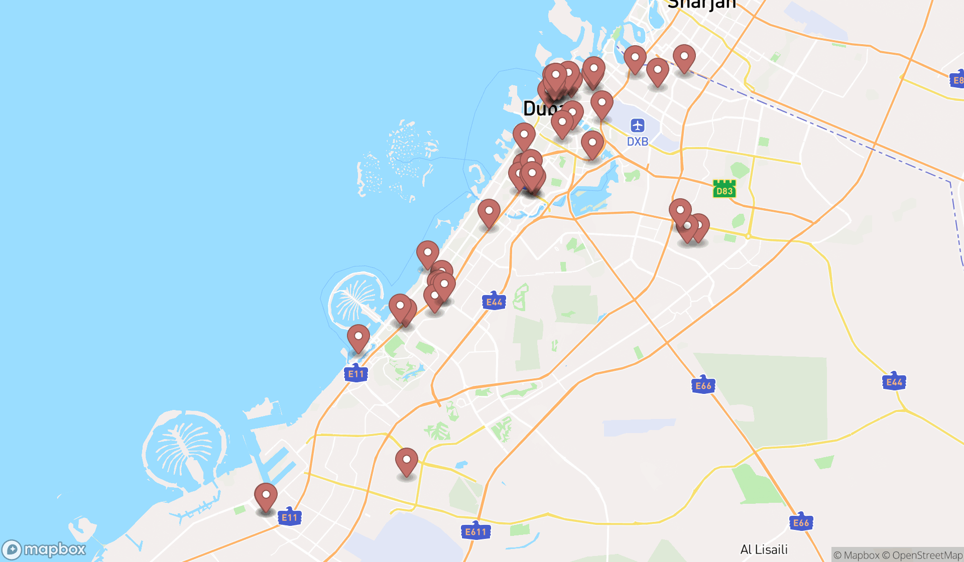 Map showing the search results in Dubai