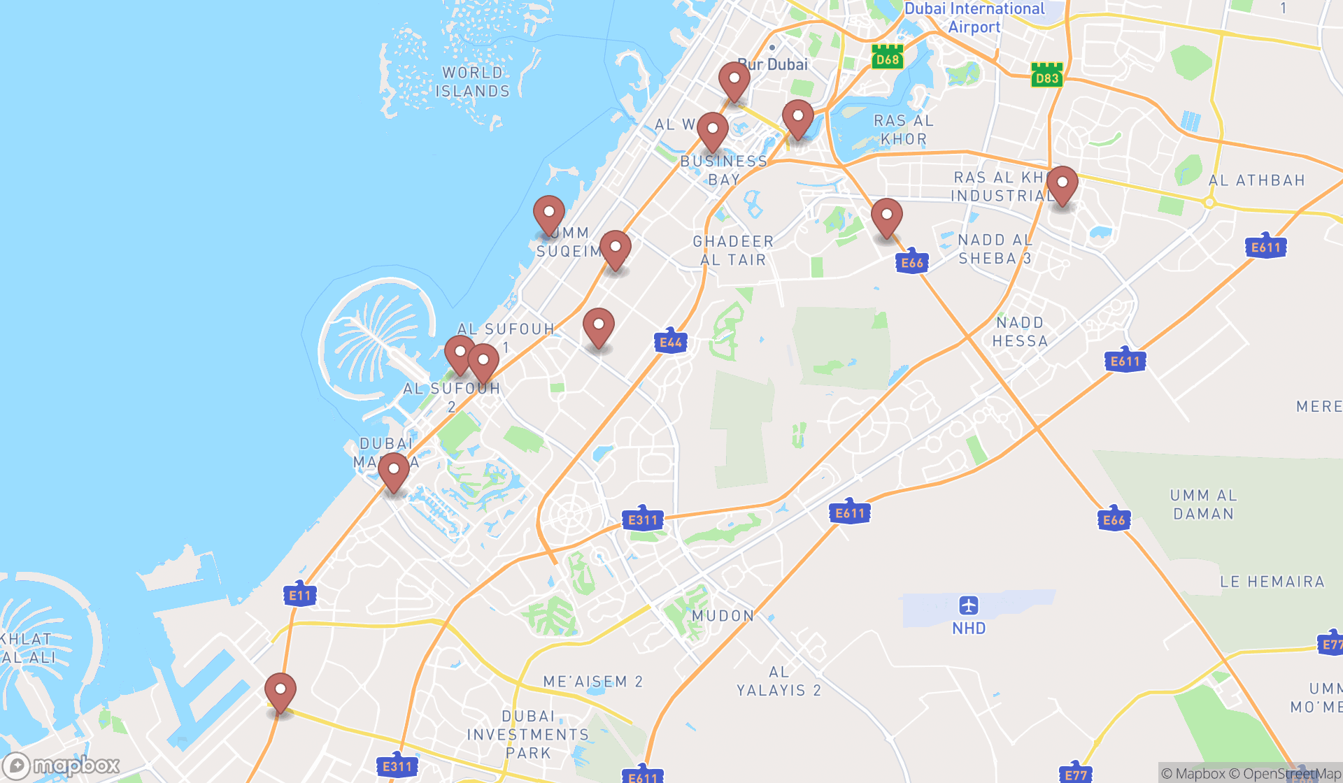 Map showing the search results in Dubai