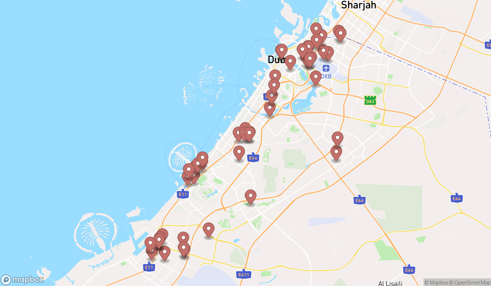 Map showing the search results in Dubai