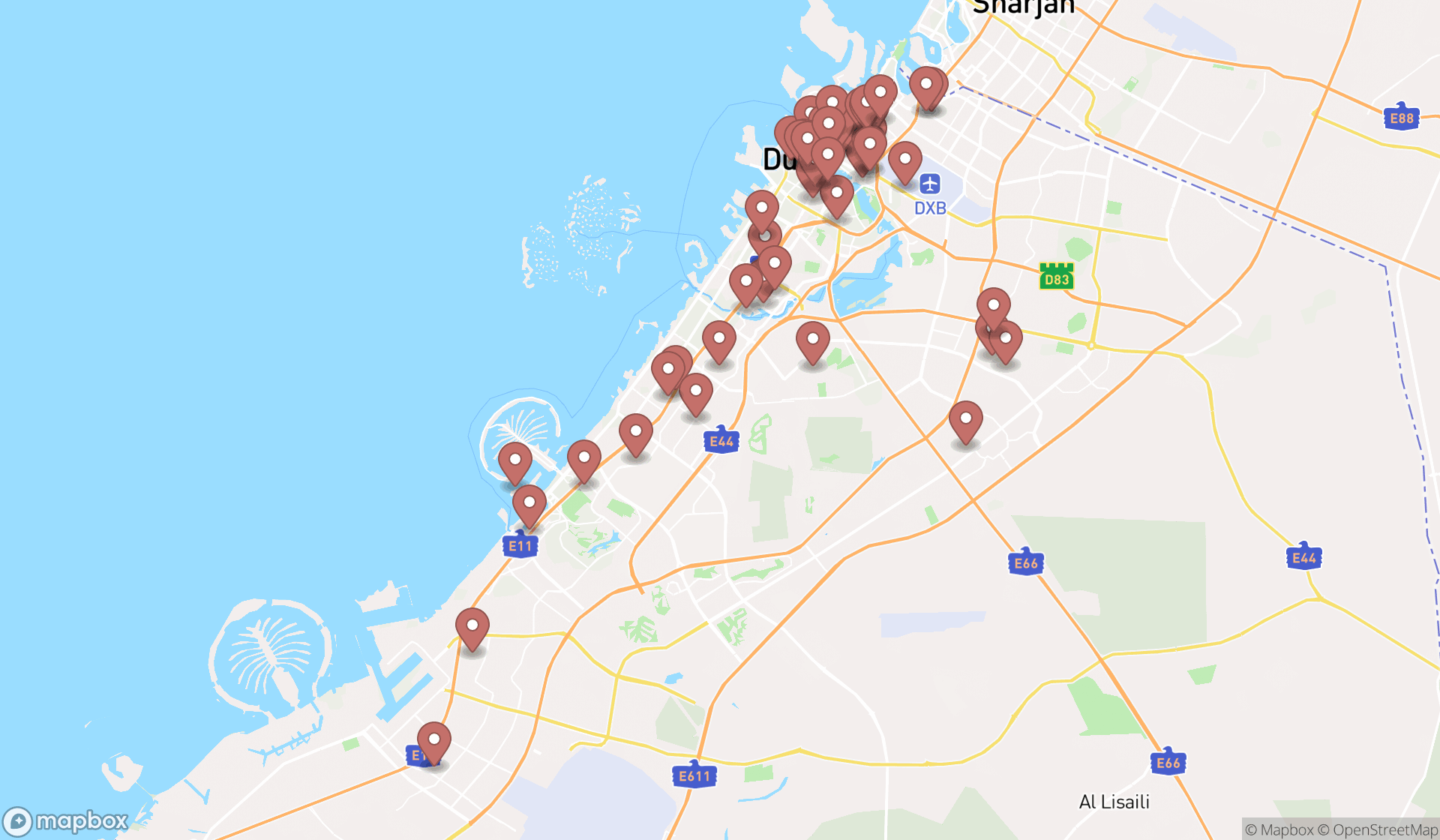 Map showing the search results in Dubai