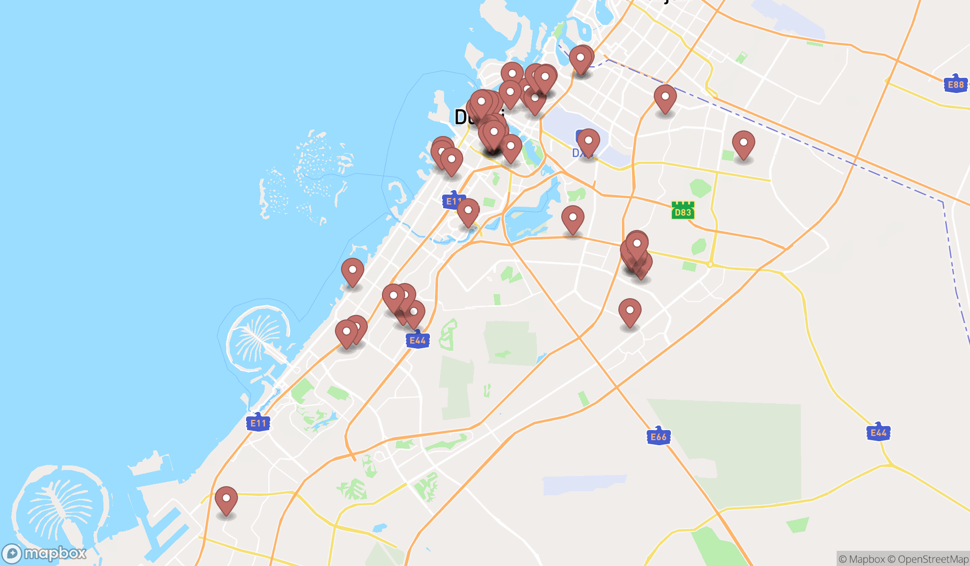 Map showing the search results in Dubai