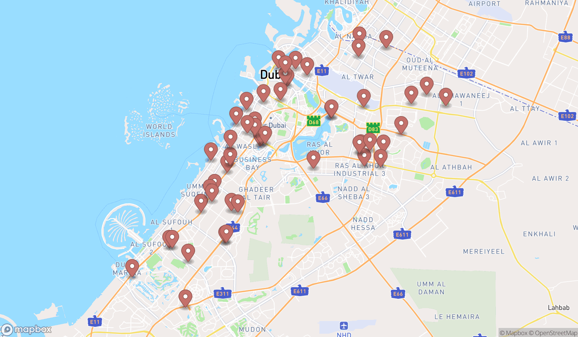 Map showing the search results in Dubai