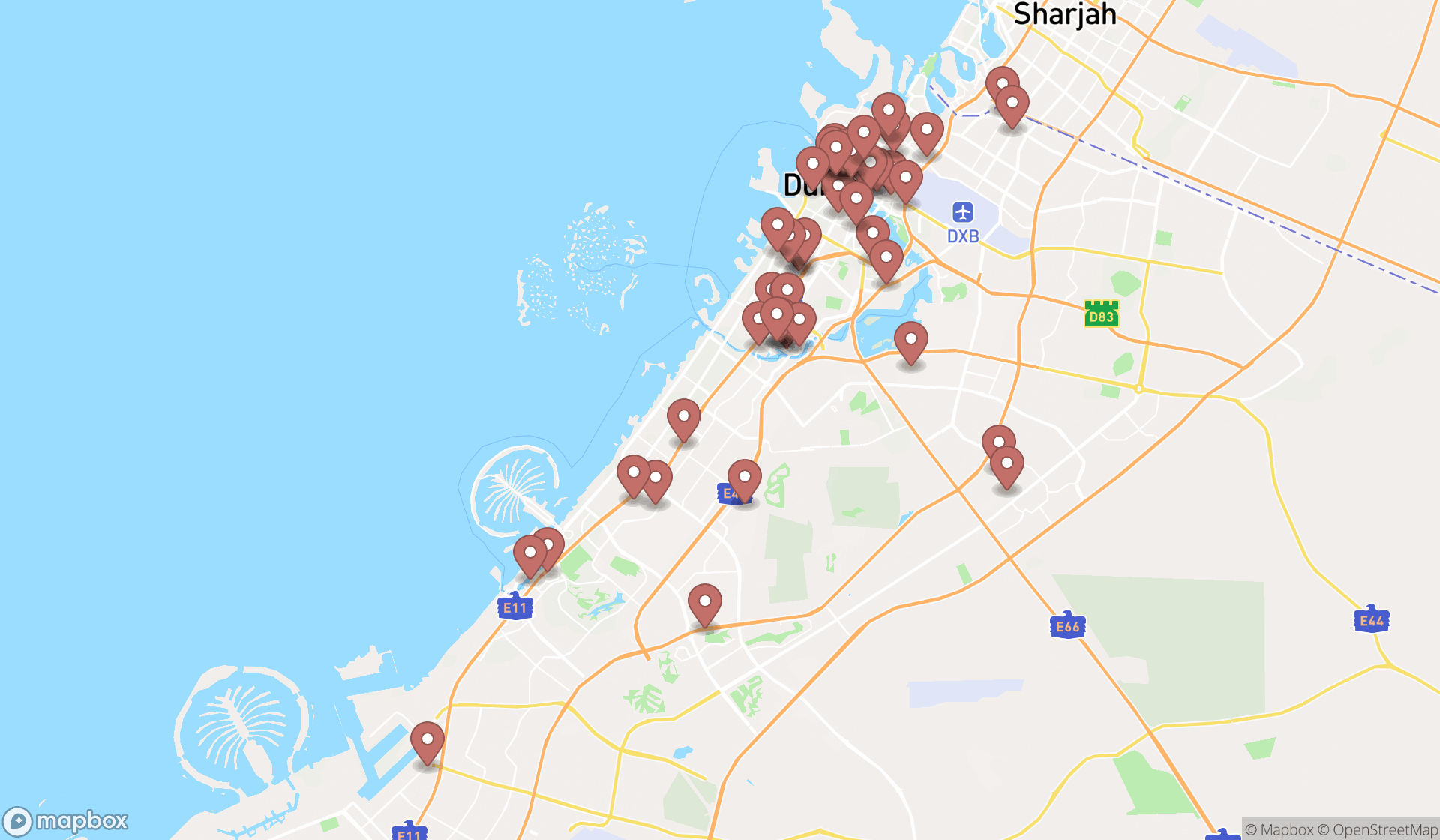 Map showing the search results in Dubai