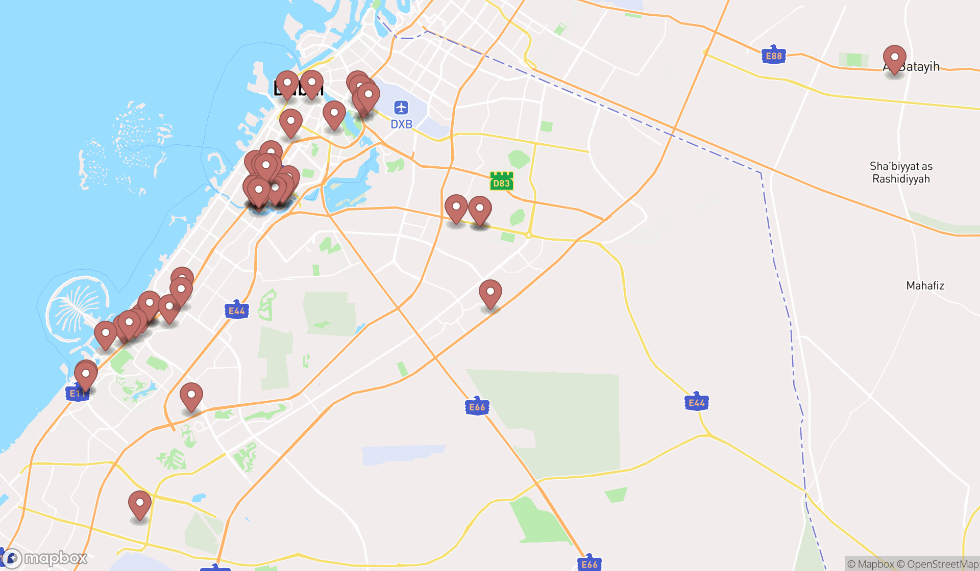 Map showing the search results in Dubai