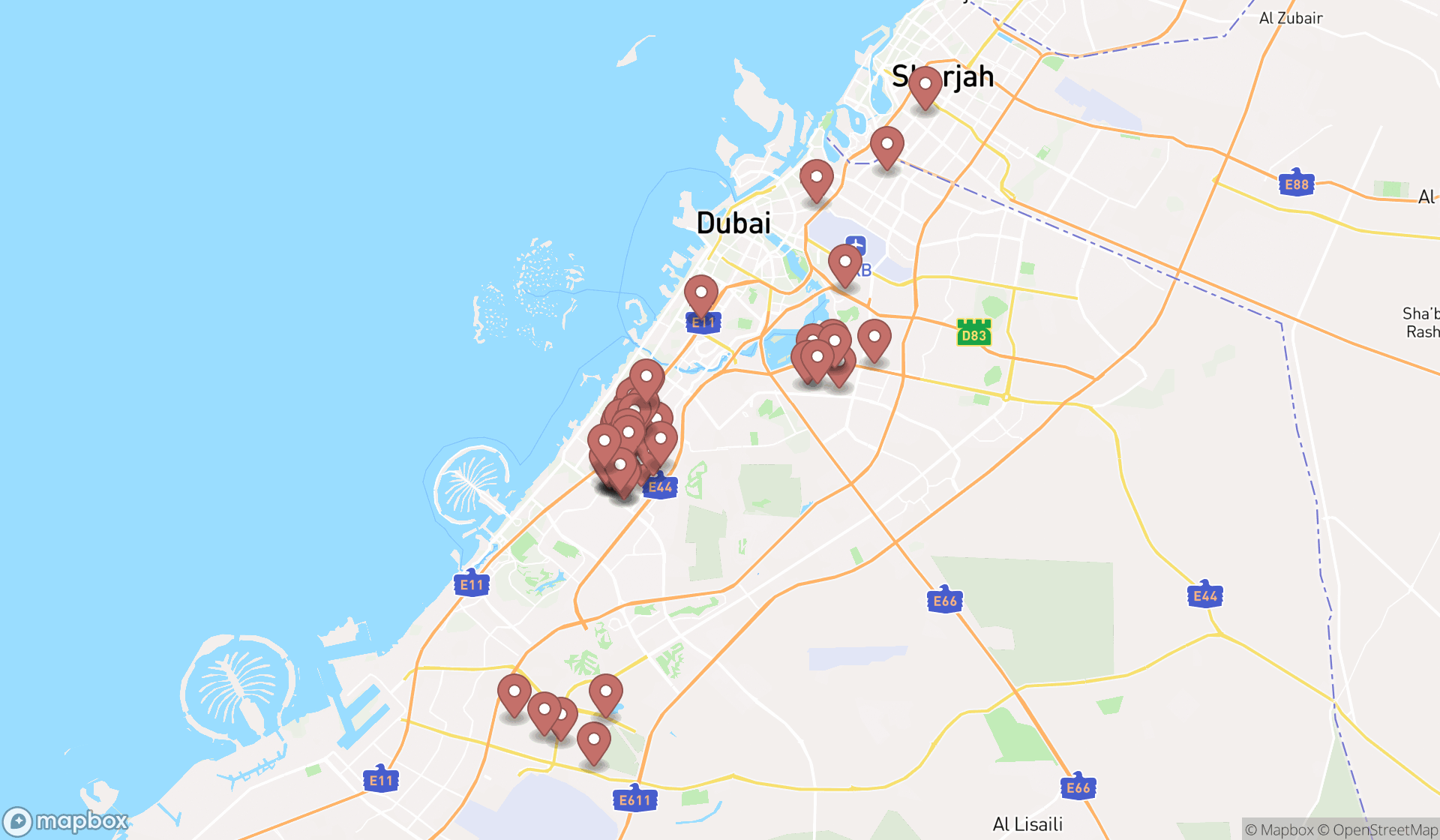 Map showing the search results in Dubai