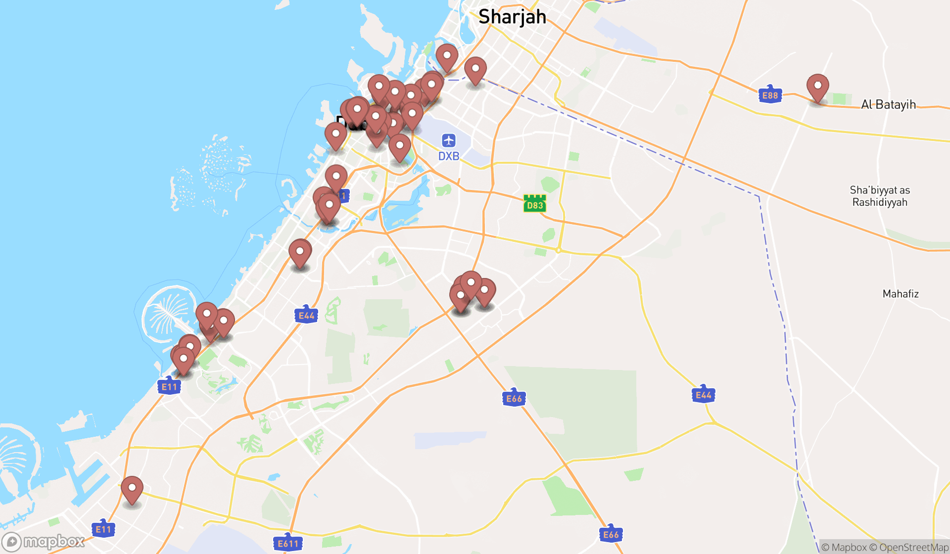 Map showing the search results in Dubai