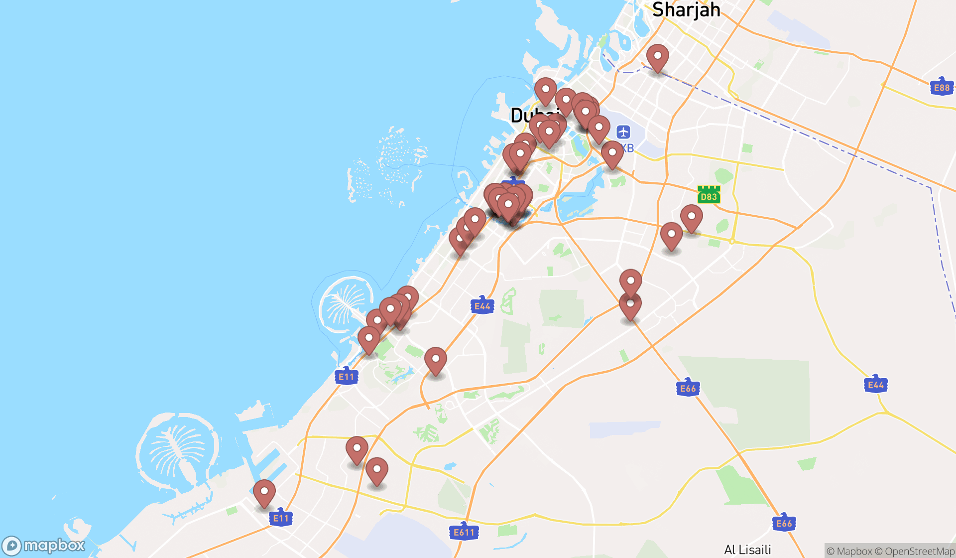 Map showing the search results in Dubai