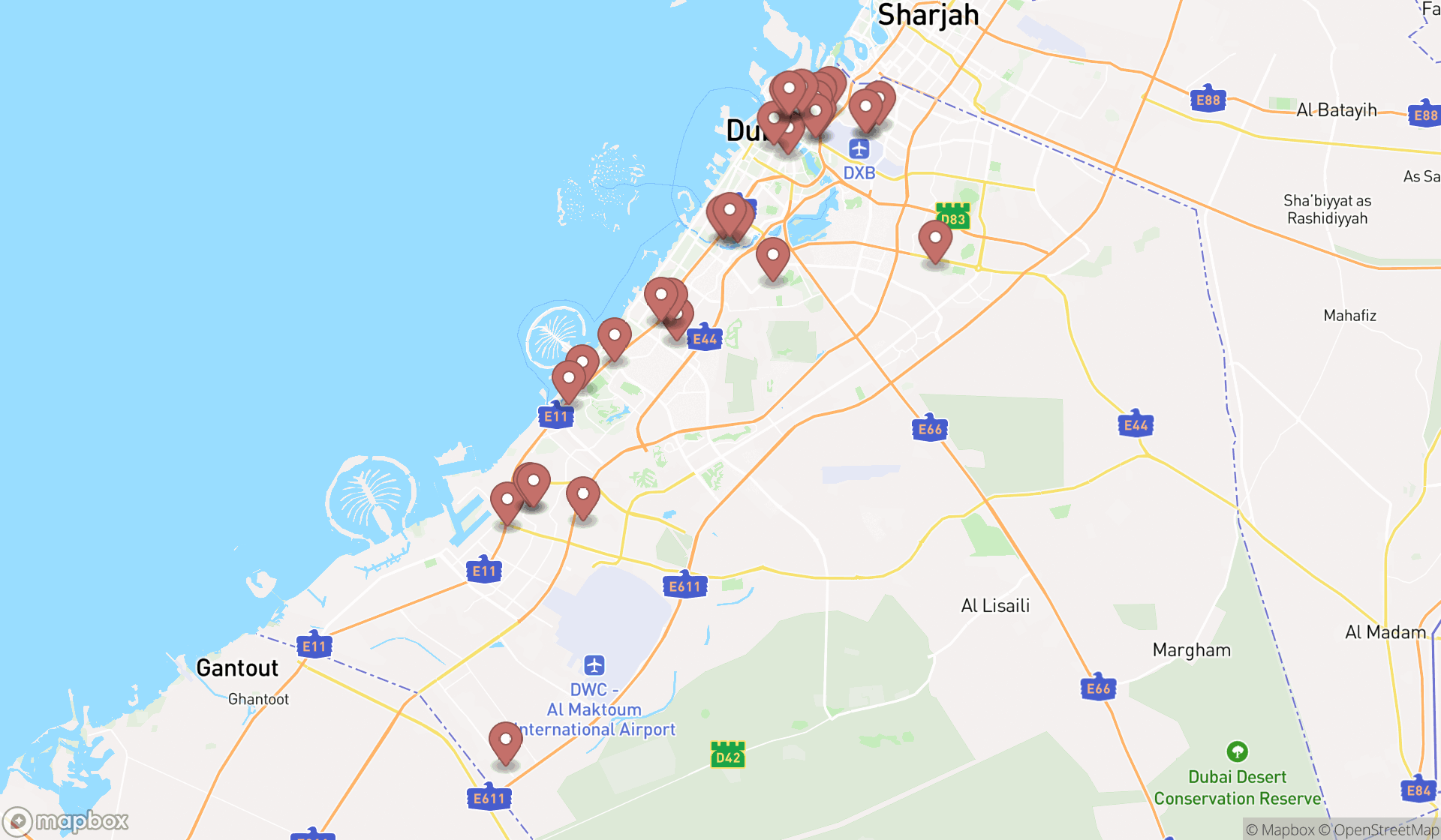 Map showing the search results in Dubai