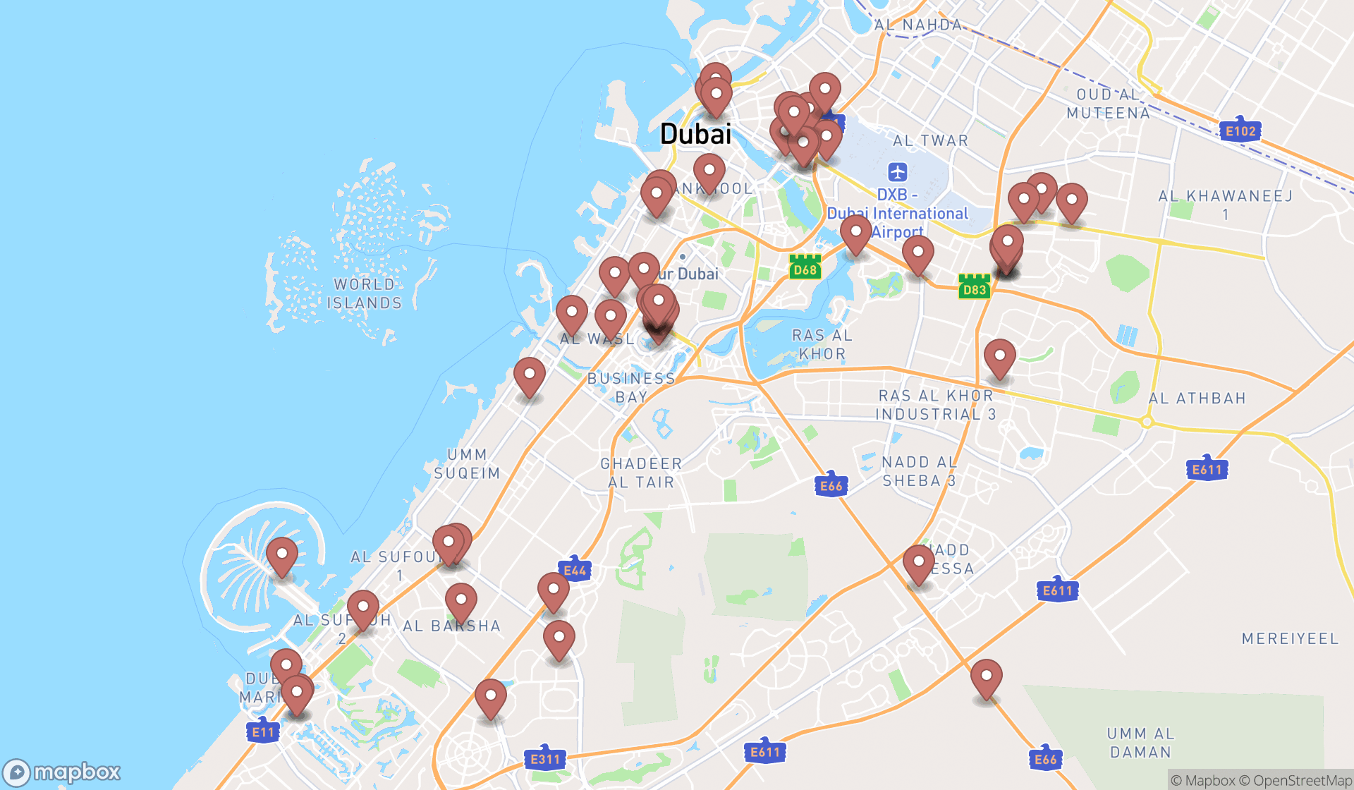 Map showing the search results in Dubai