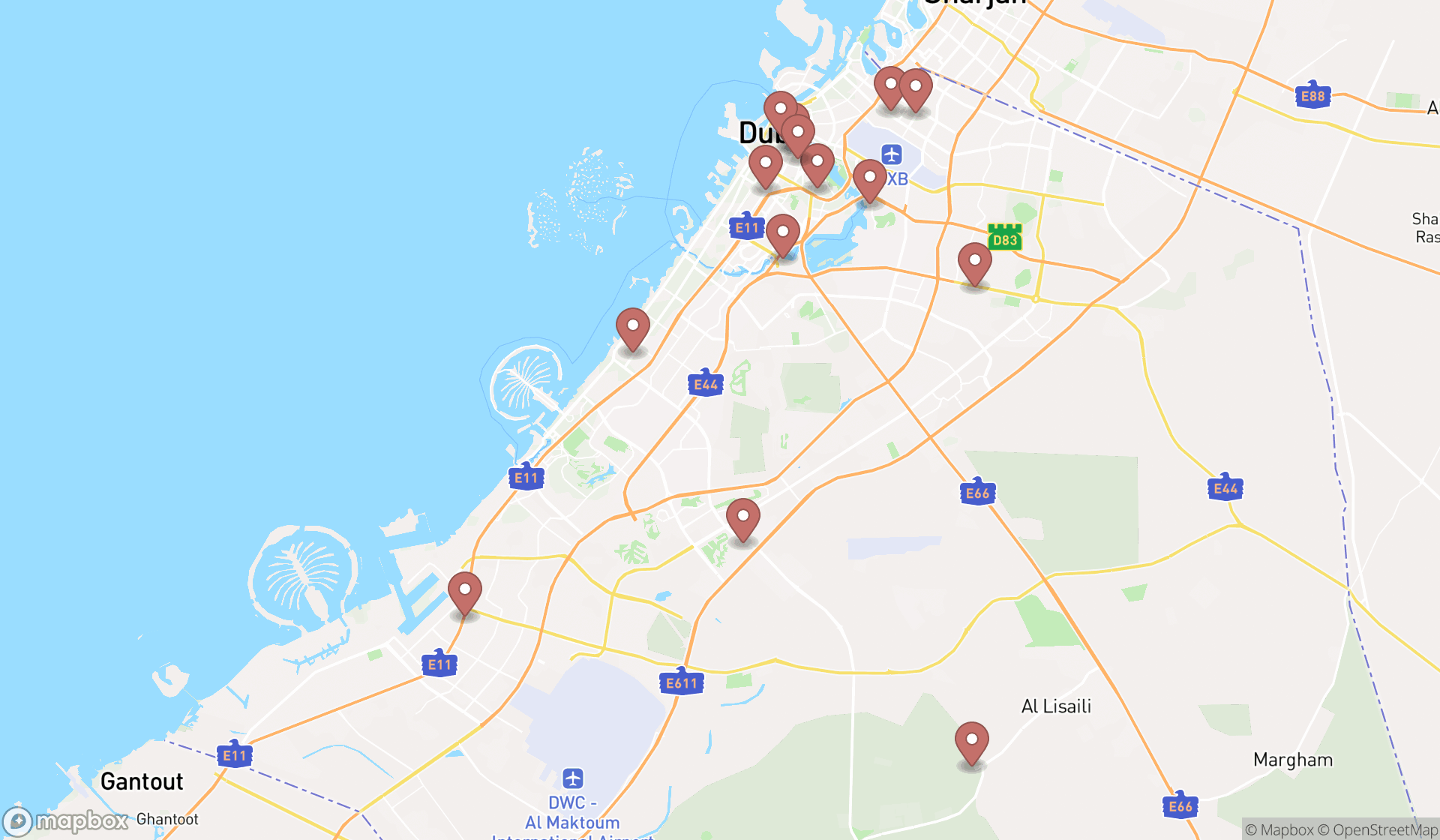 Map showing the search results in Dubai
