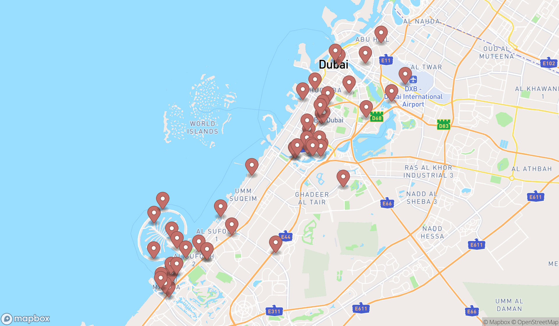 Map showing the search results in Dubai