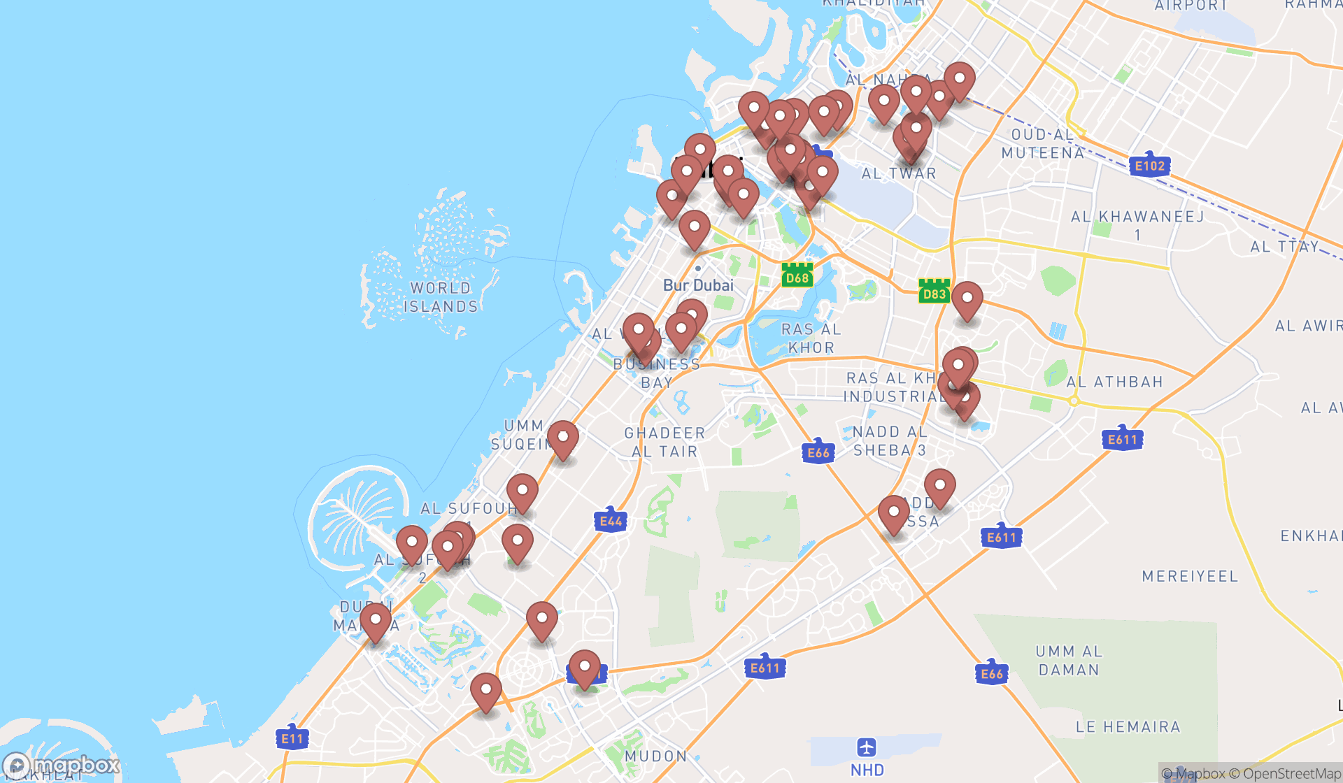 Map showing the search results in Dubai