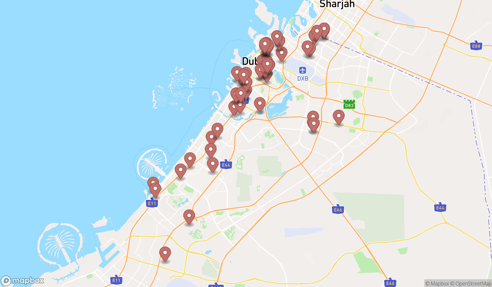 Map showing the search results in Dubai