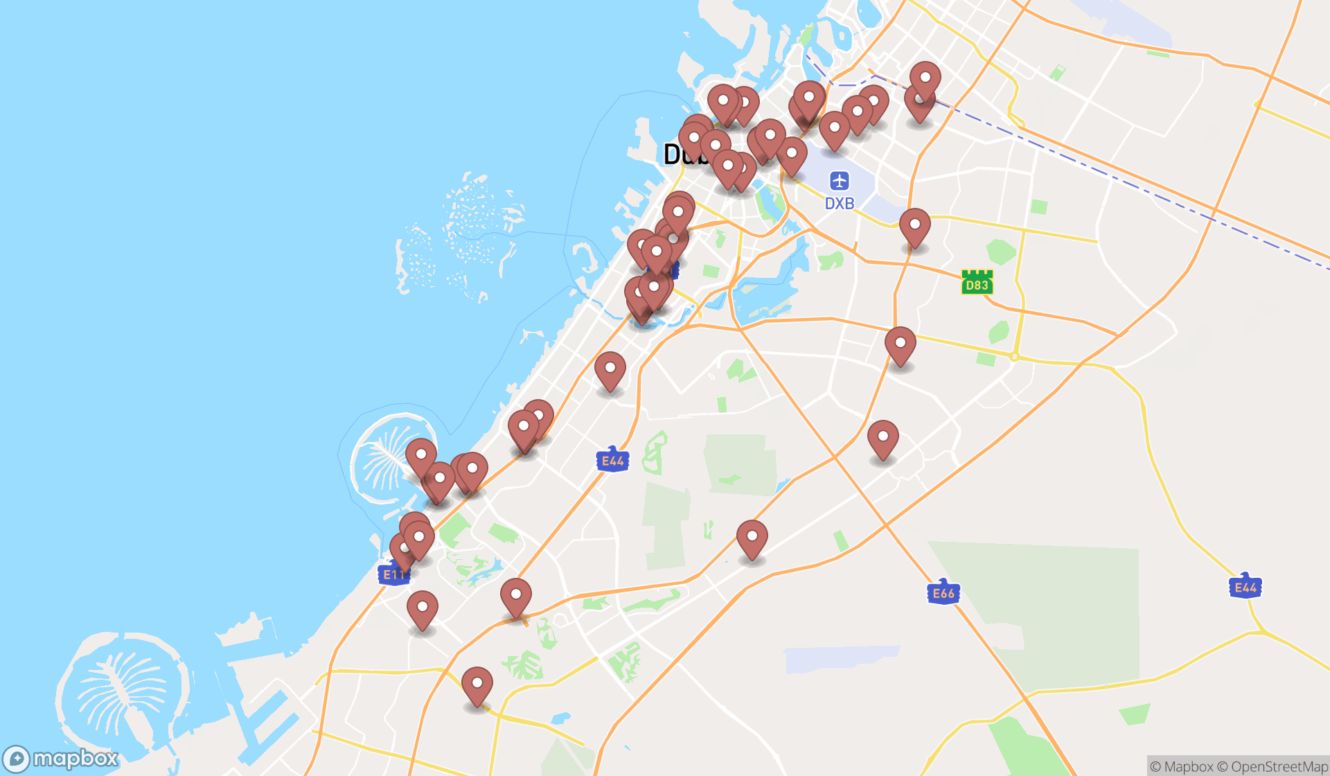 Map showing the search results in Dubai