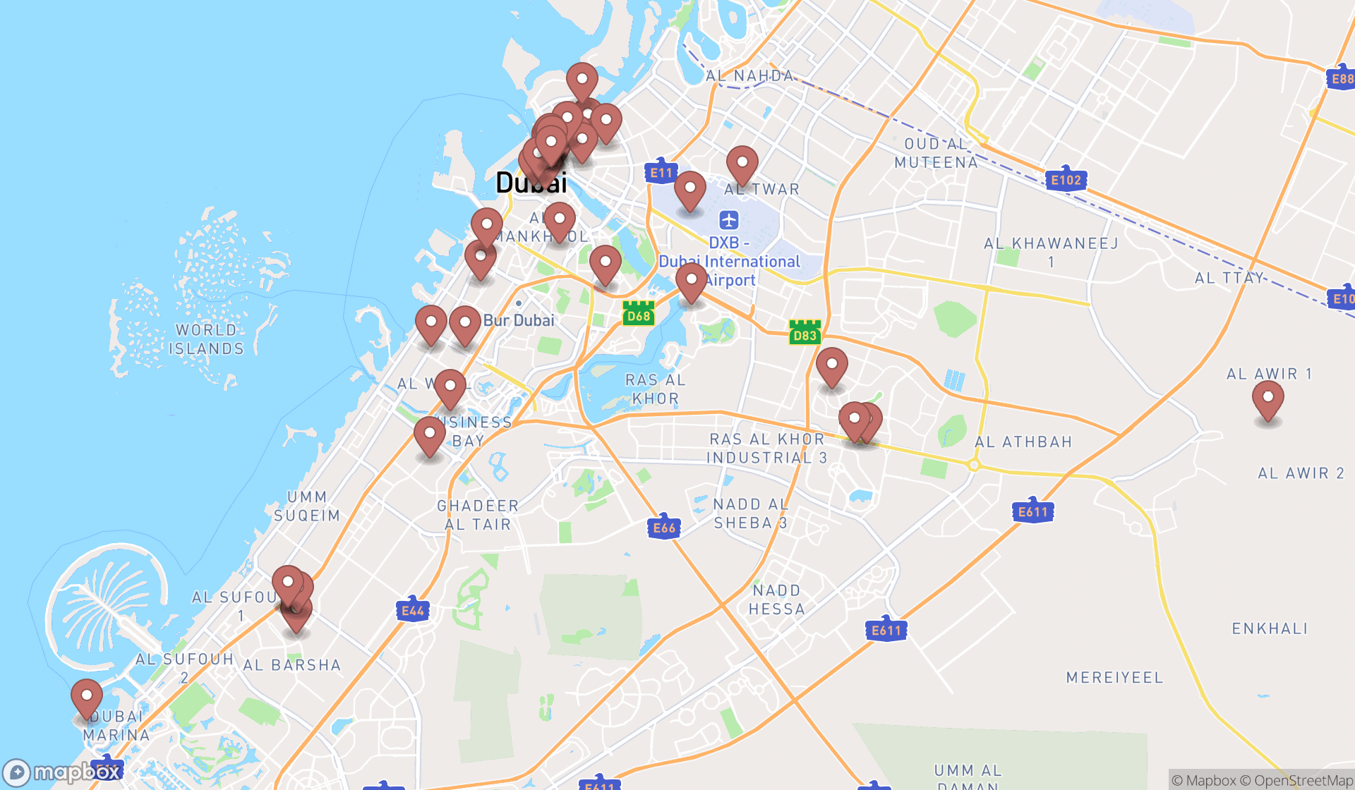 Map showing the search results in Dubai