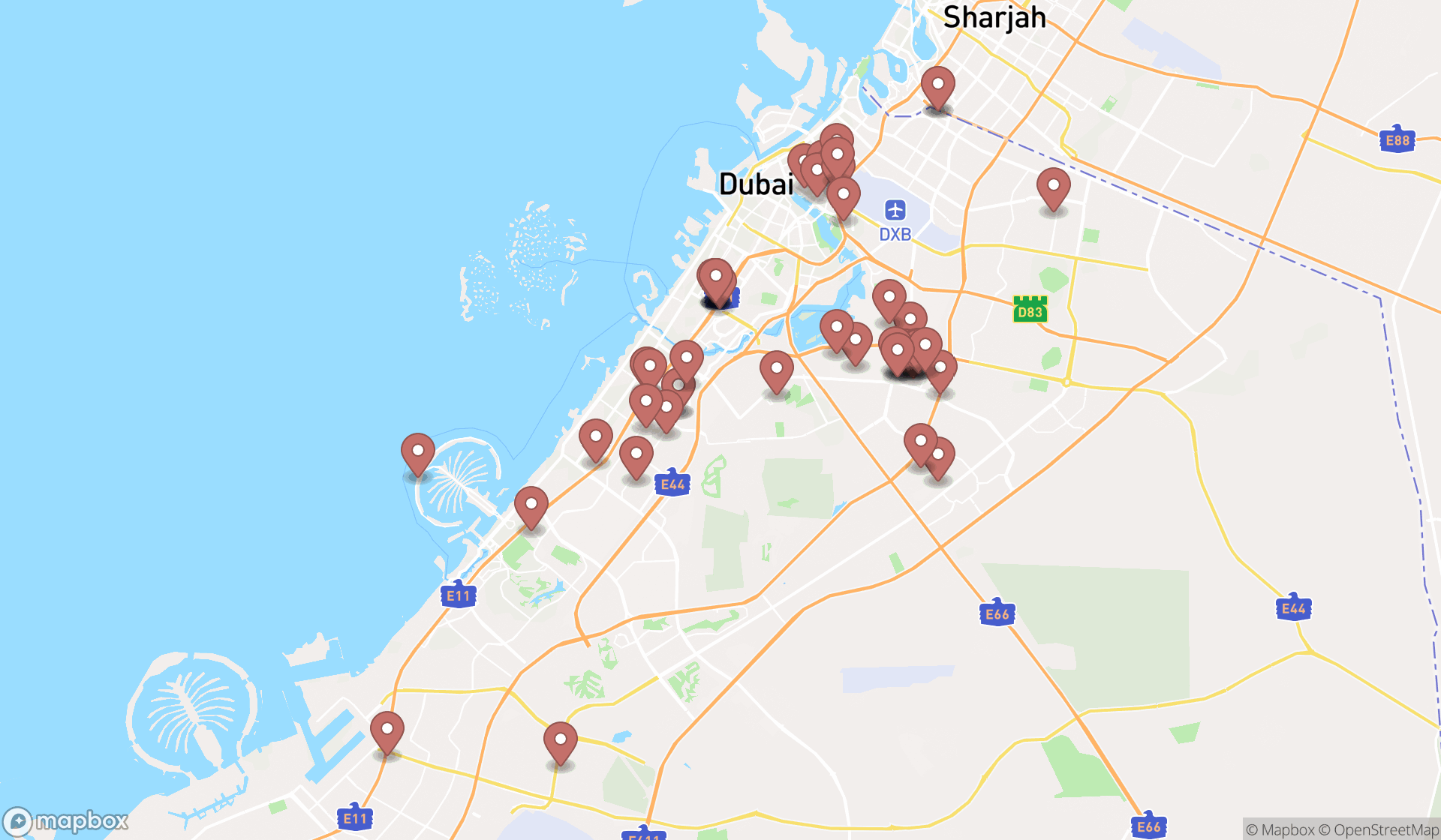 Map showing the search results in Dubai
