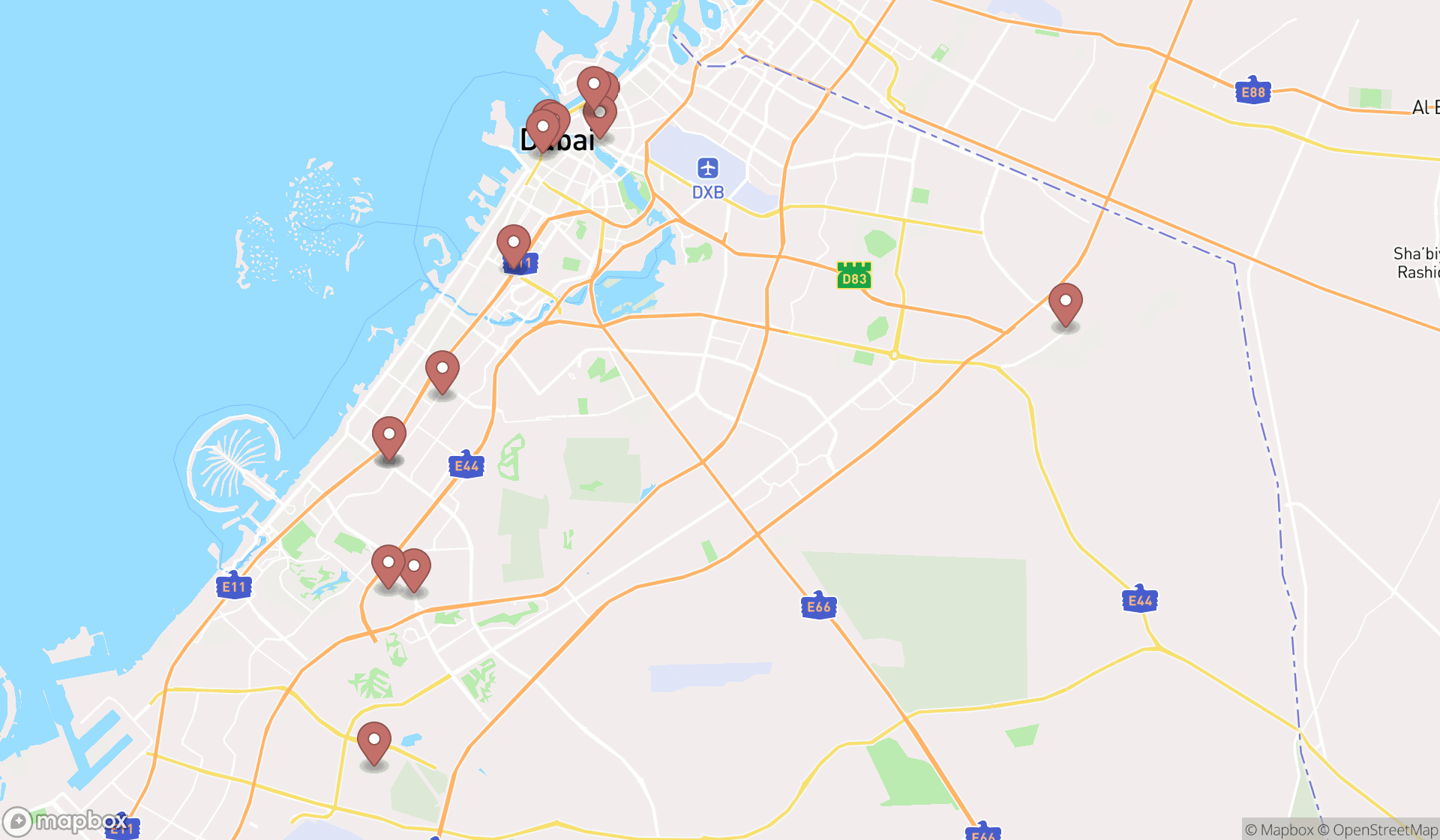 Map showing the search results in Dubai