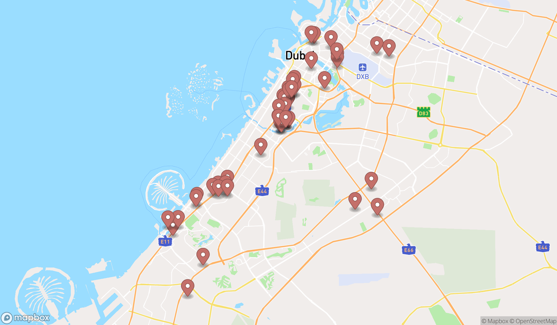 Map showing the search results in Dubai