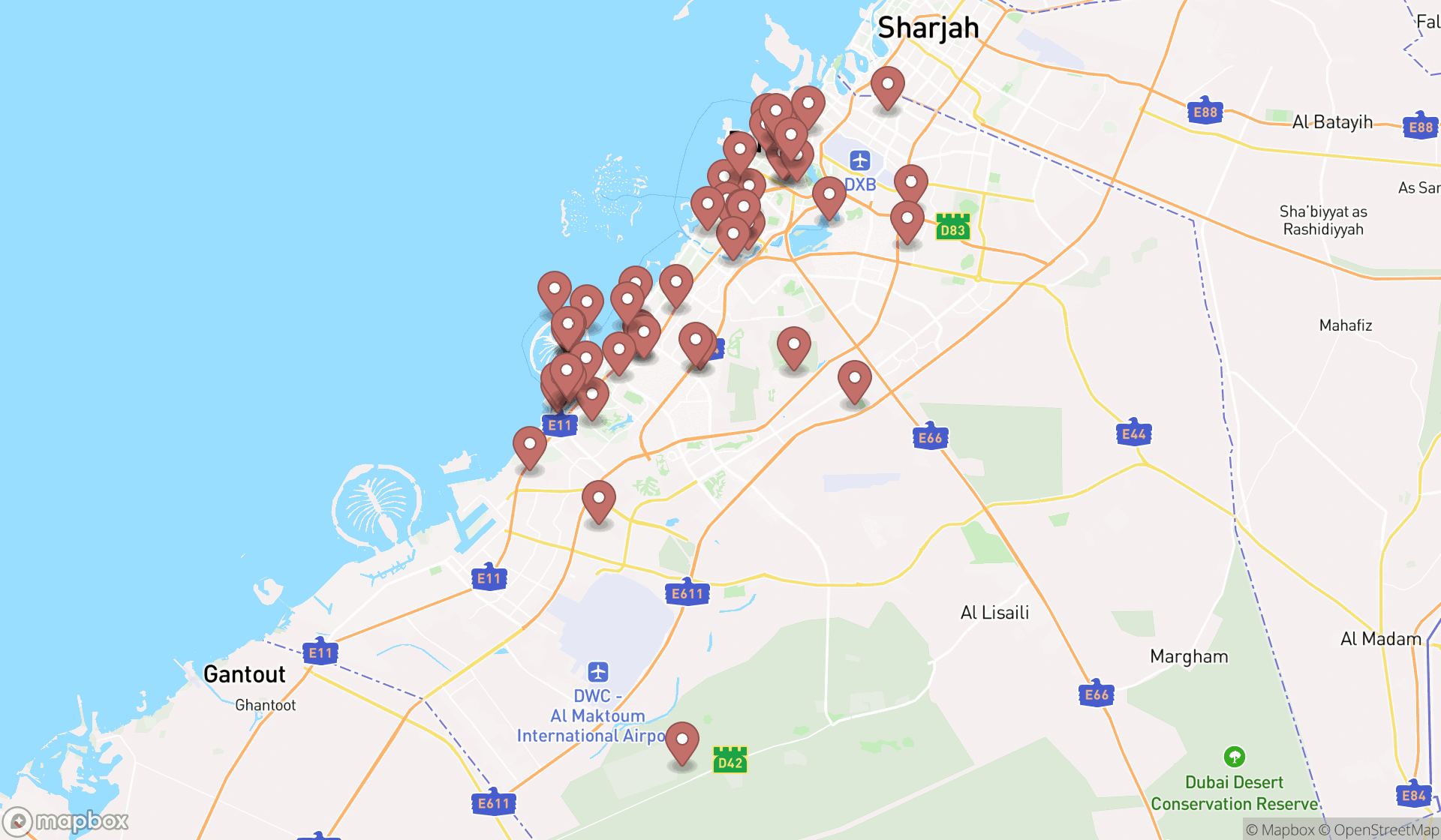 Map showing the search results in Dubai