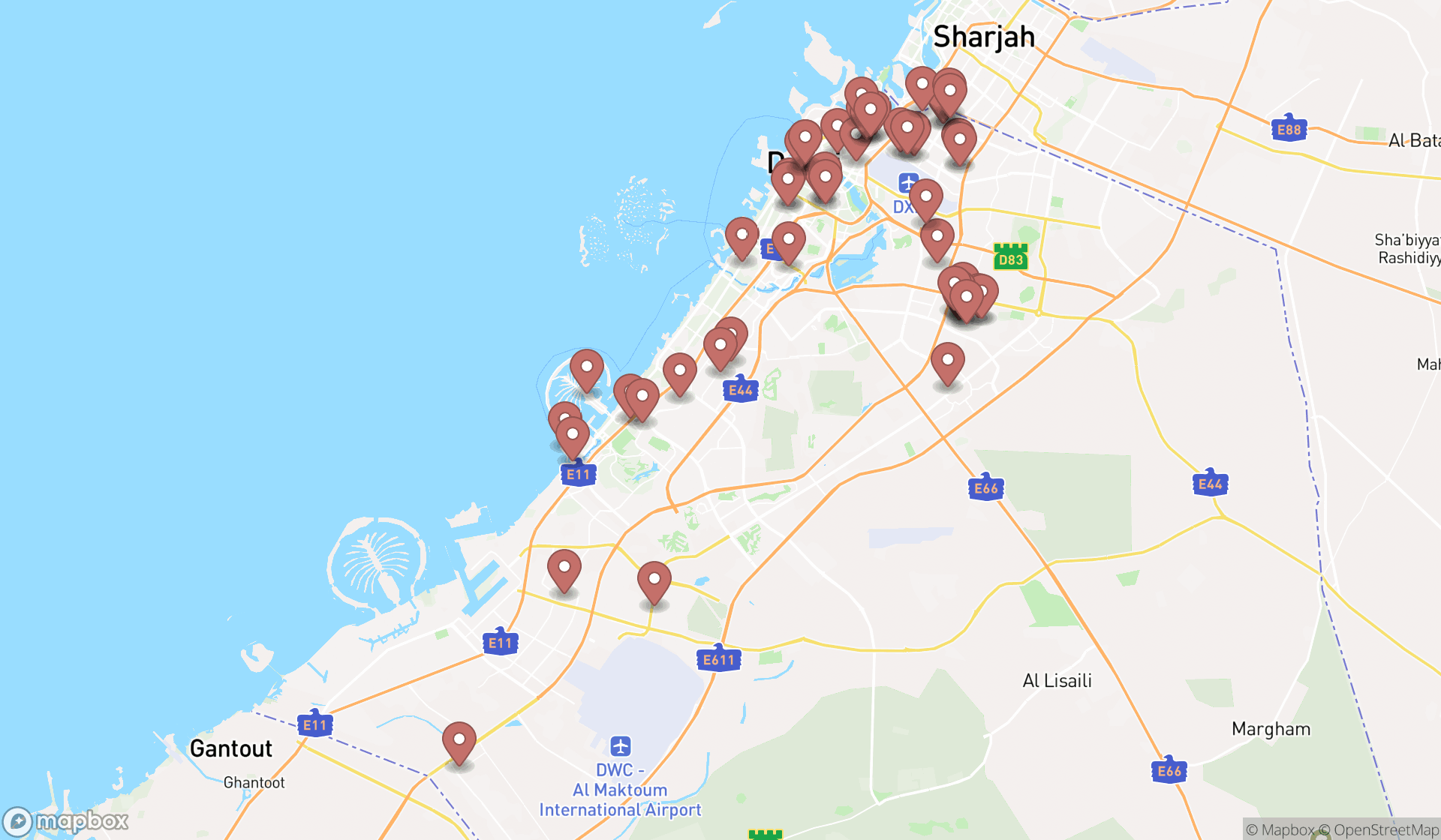 Map showing the search results in Dubai