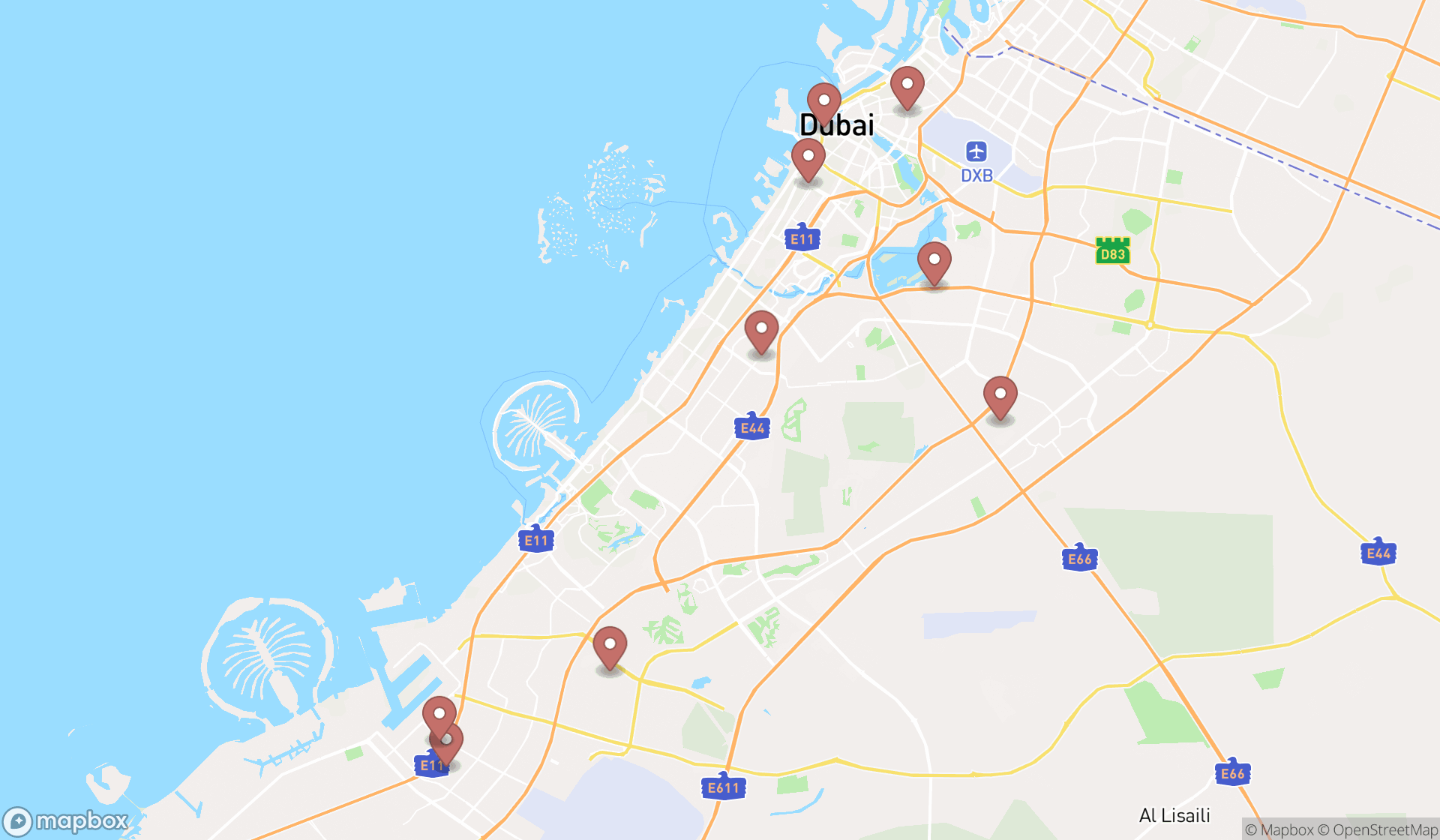 Map showing the search results in Dubai