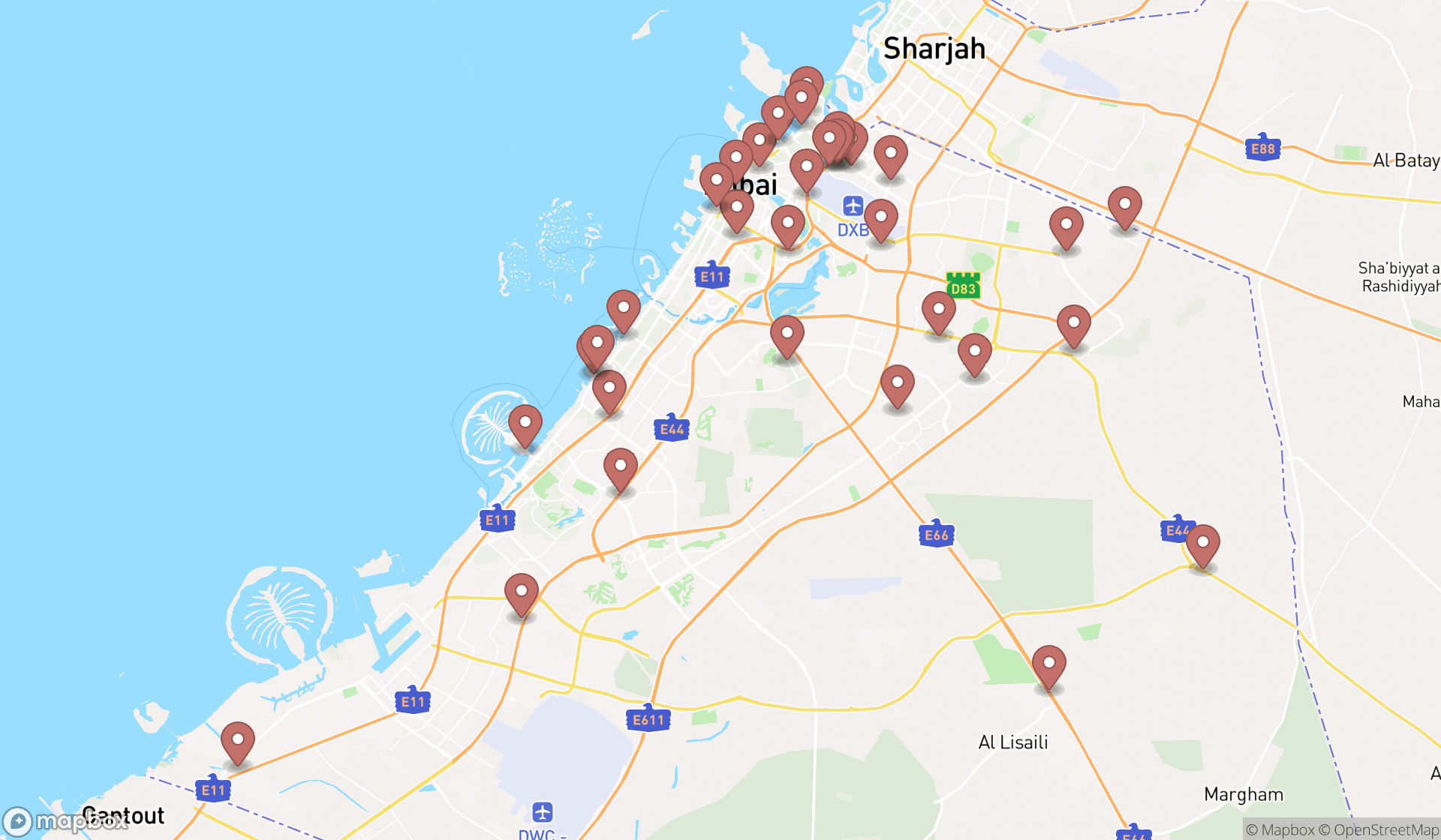 Map showing the search results in Dubai