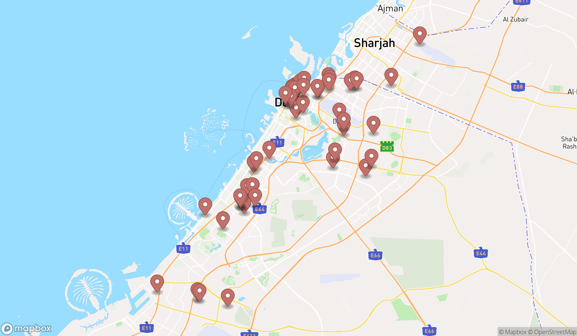 Map showing the search results in Dubai