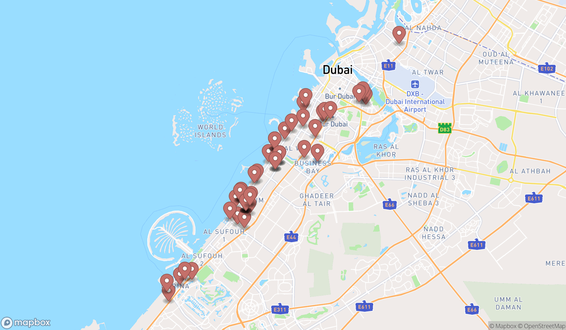 Map showing the search results in Dubai