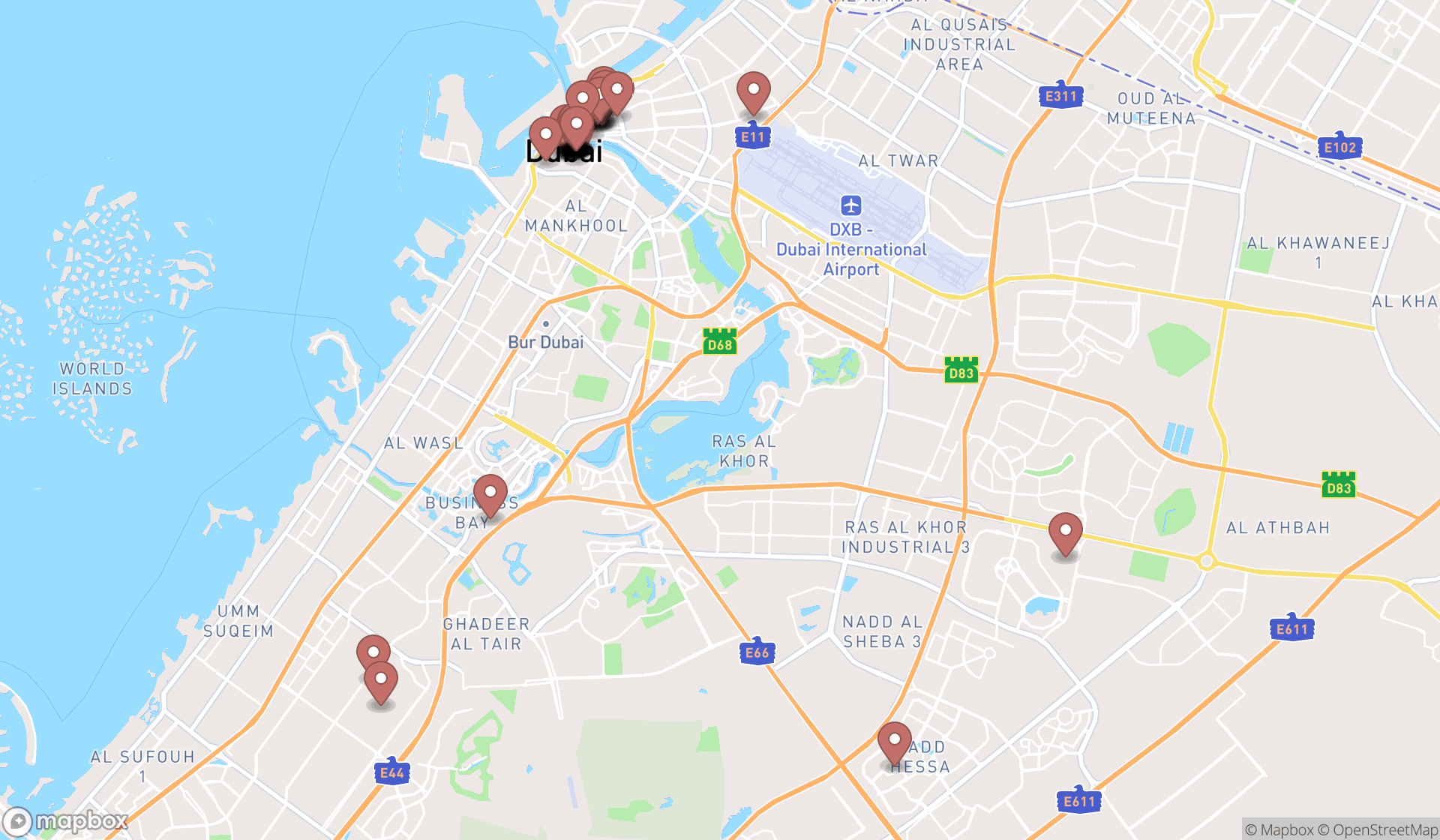 Map showing the search results in Dubai