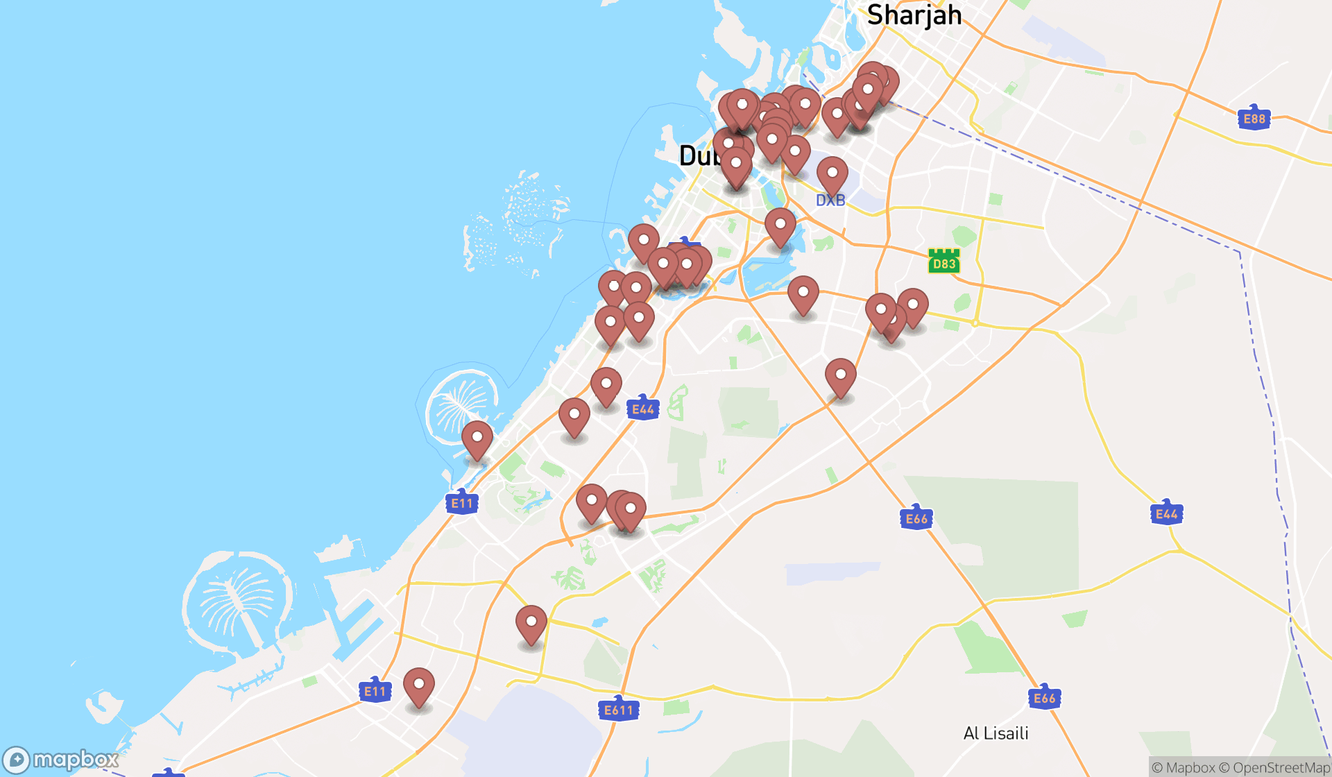 Map showing the search results in Dubai
