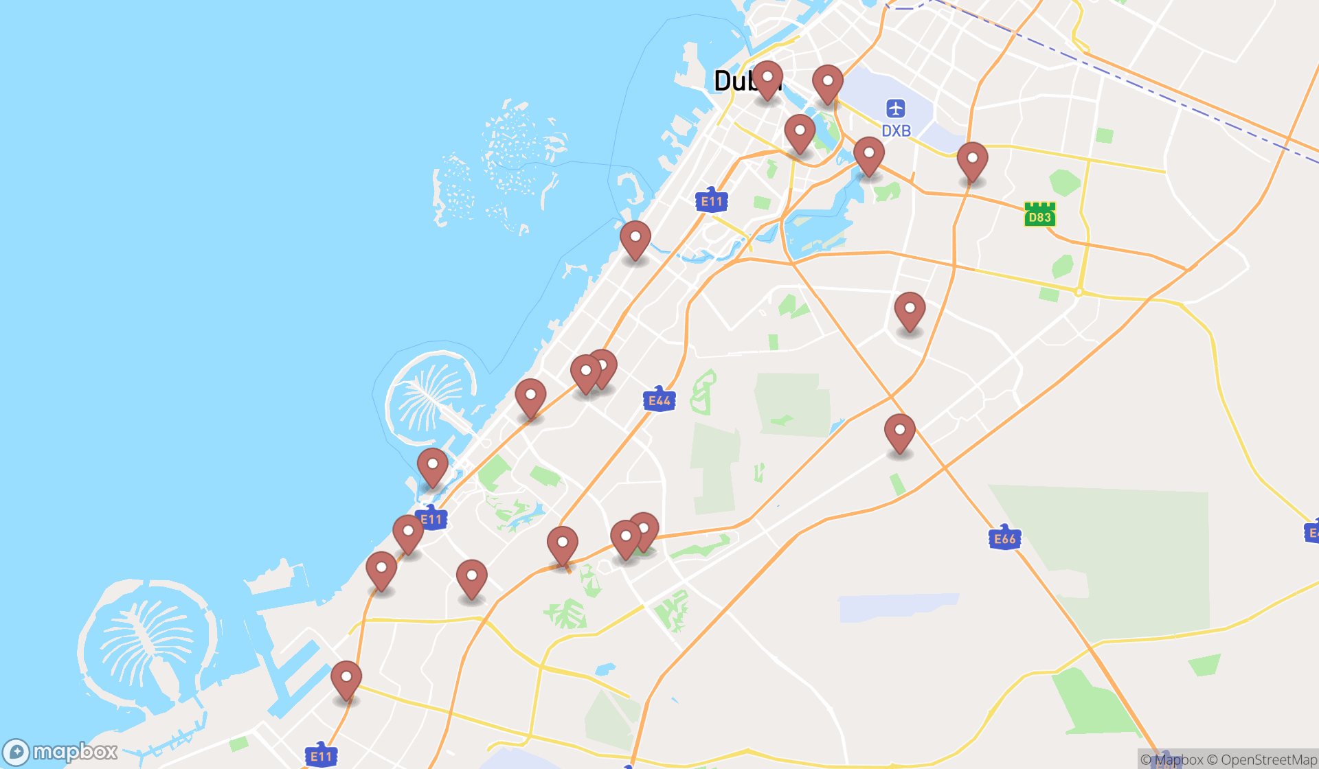 Map showing the search results in Dubai