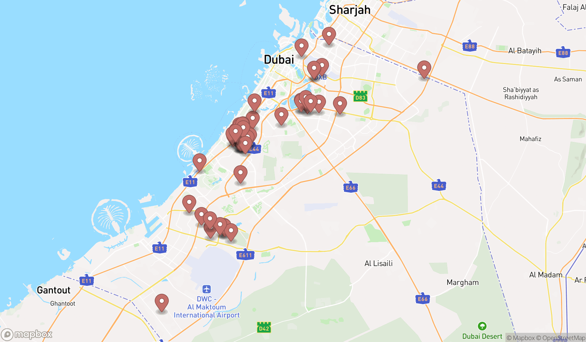 Map showing the search results in Dubai