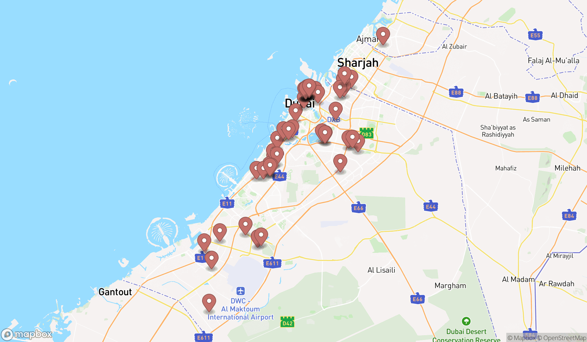 Map showing the search results in Dubai