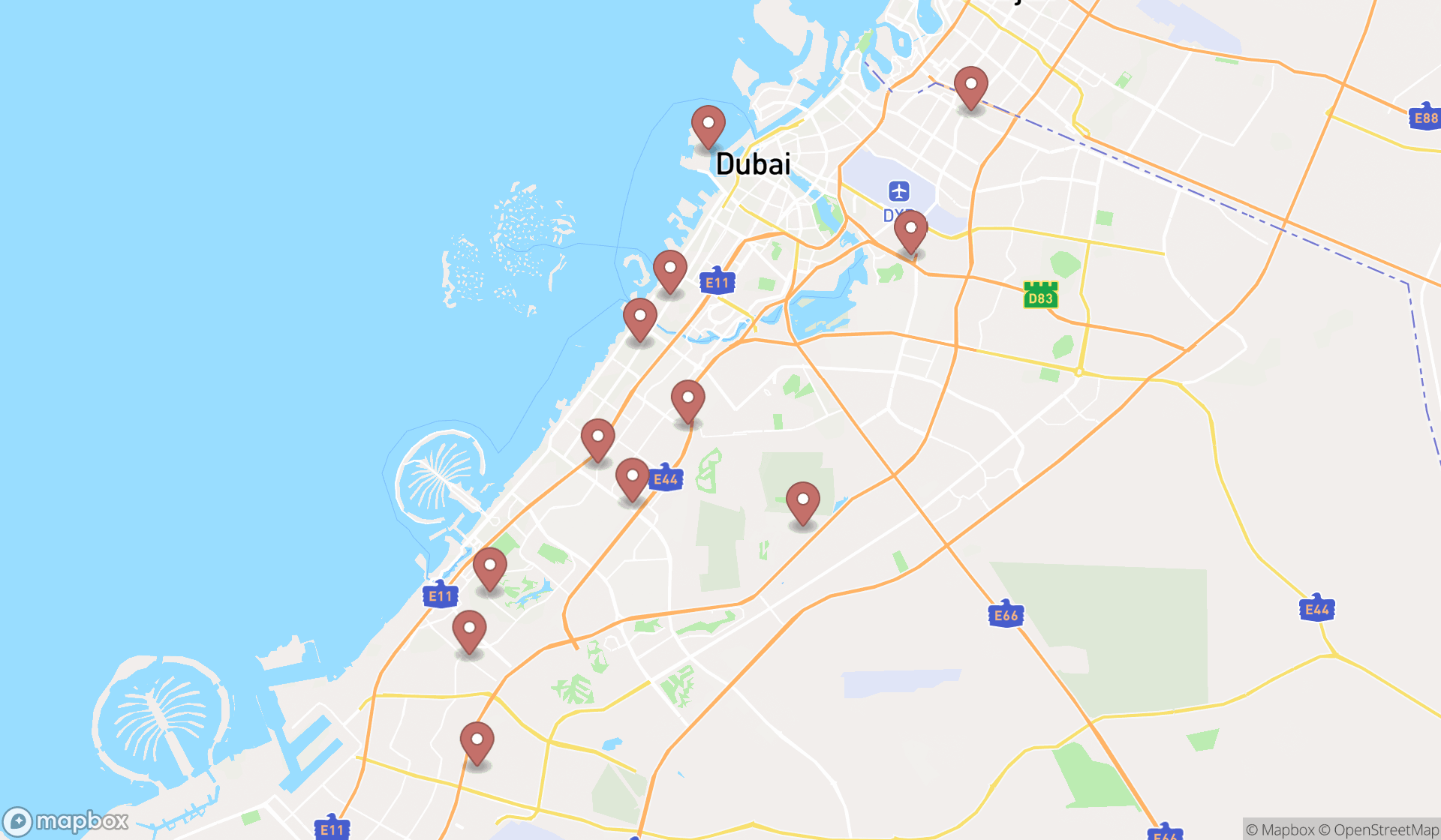 Map showing the search results in Dubai