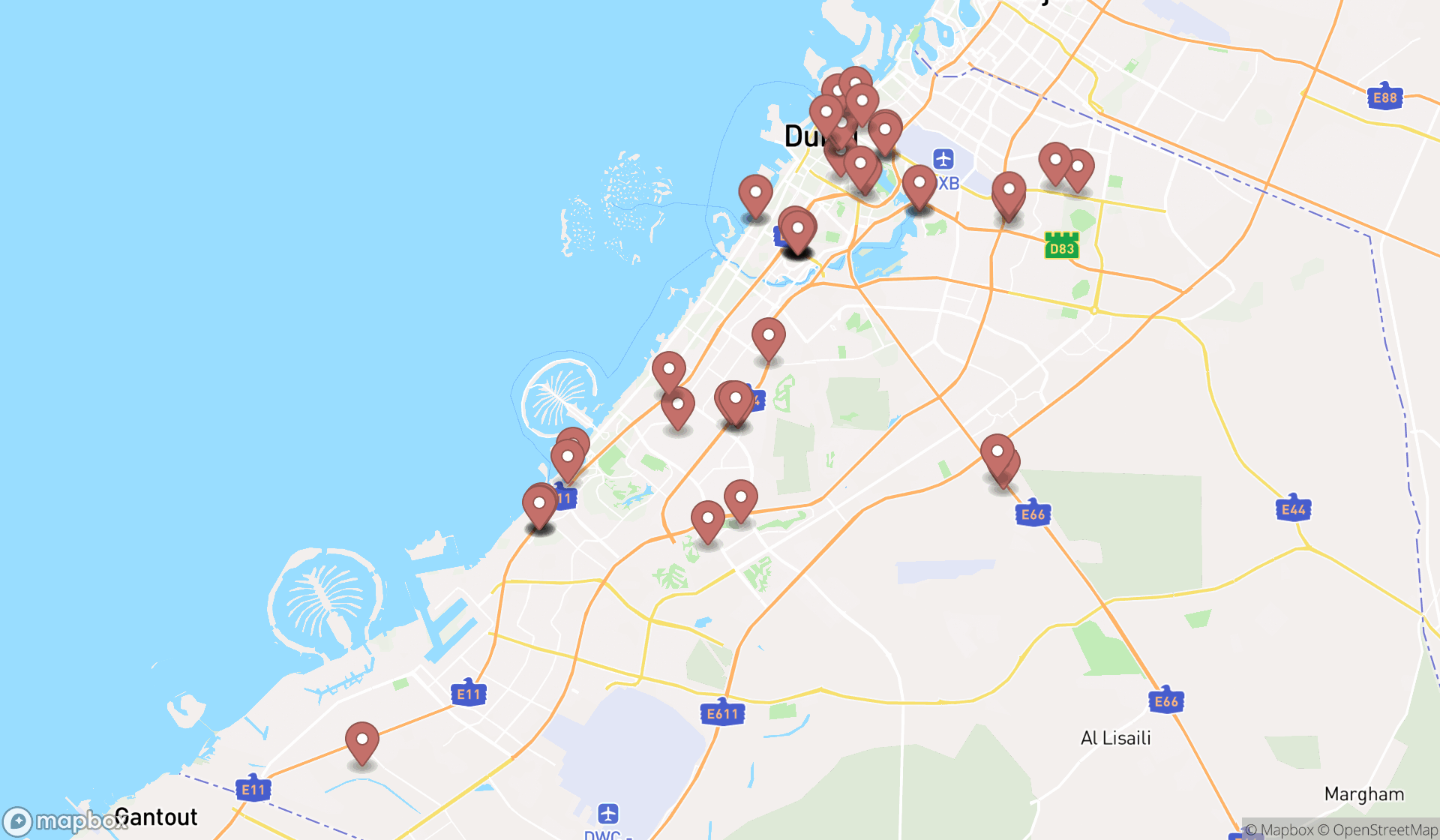 Map showing the search results in Dubai