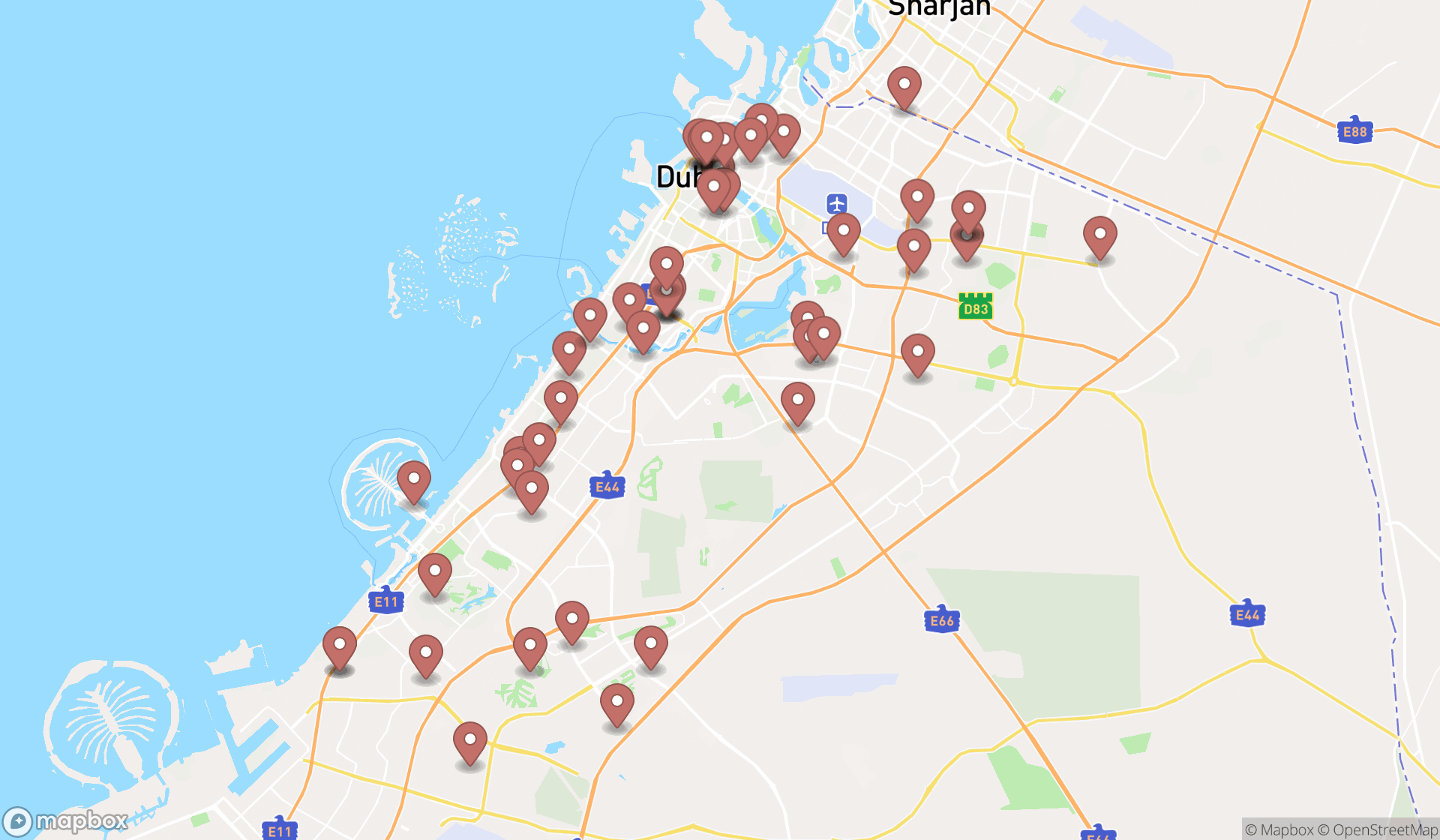 Map showing the search results in Dubai