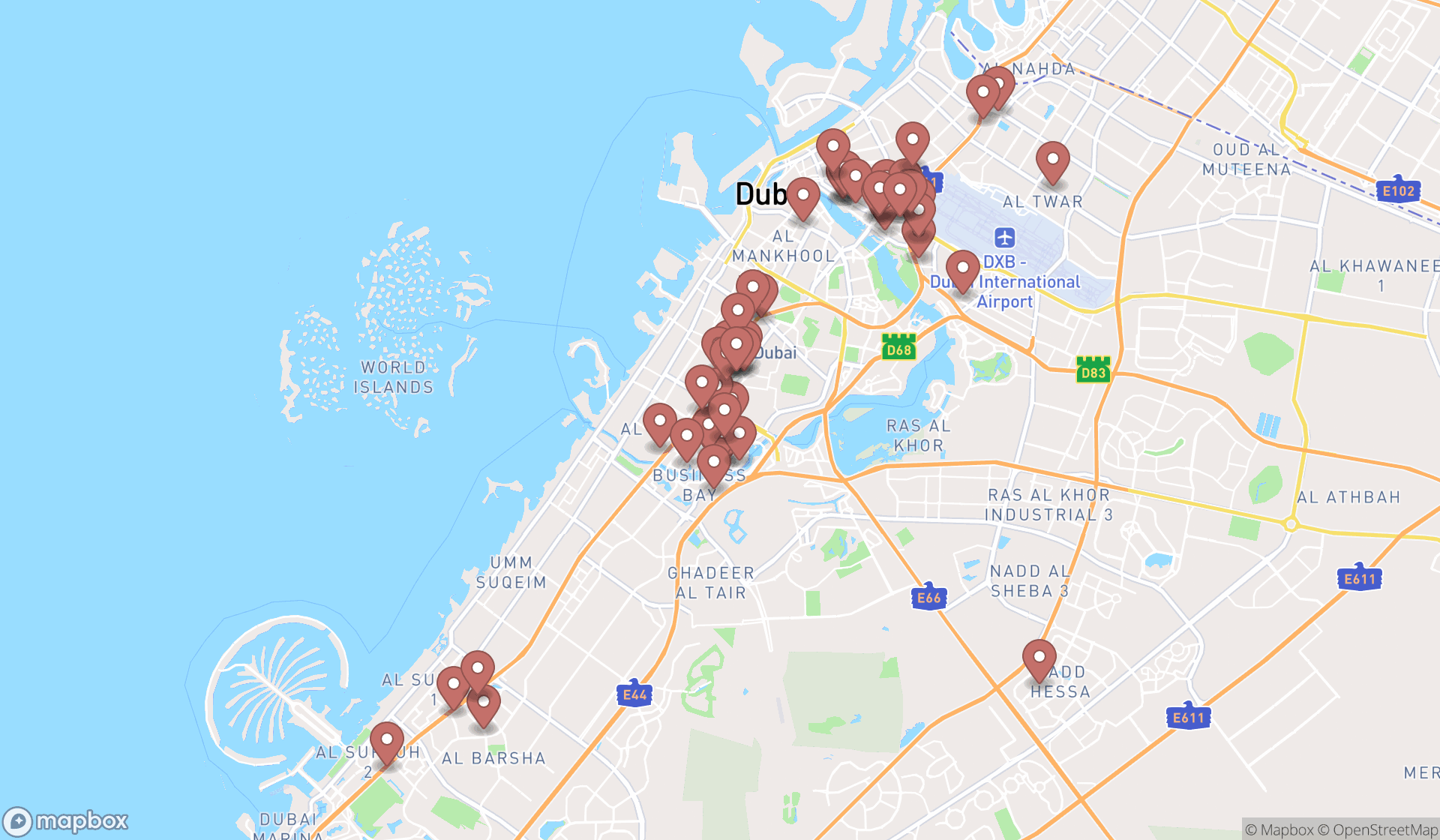Map showing the search results in Dubai