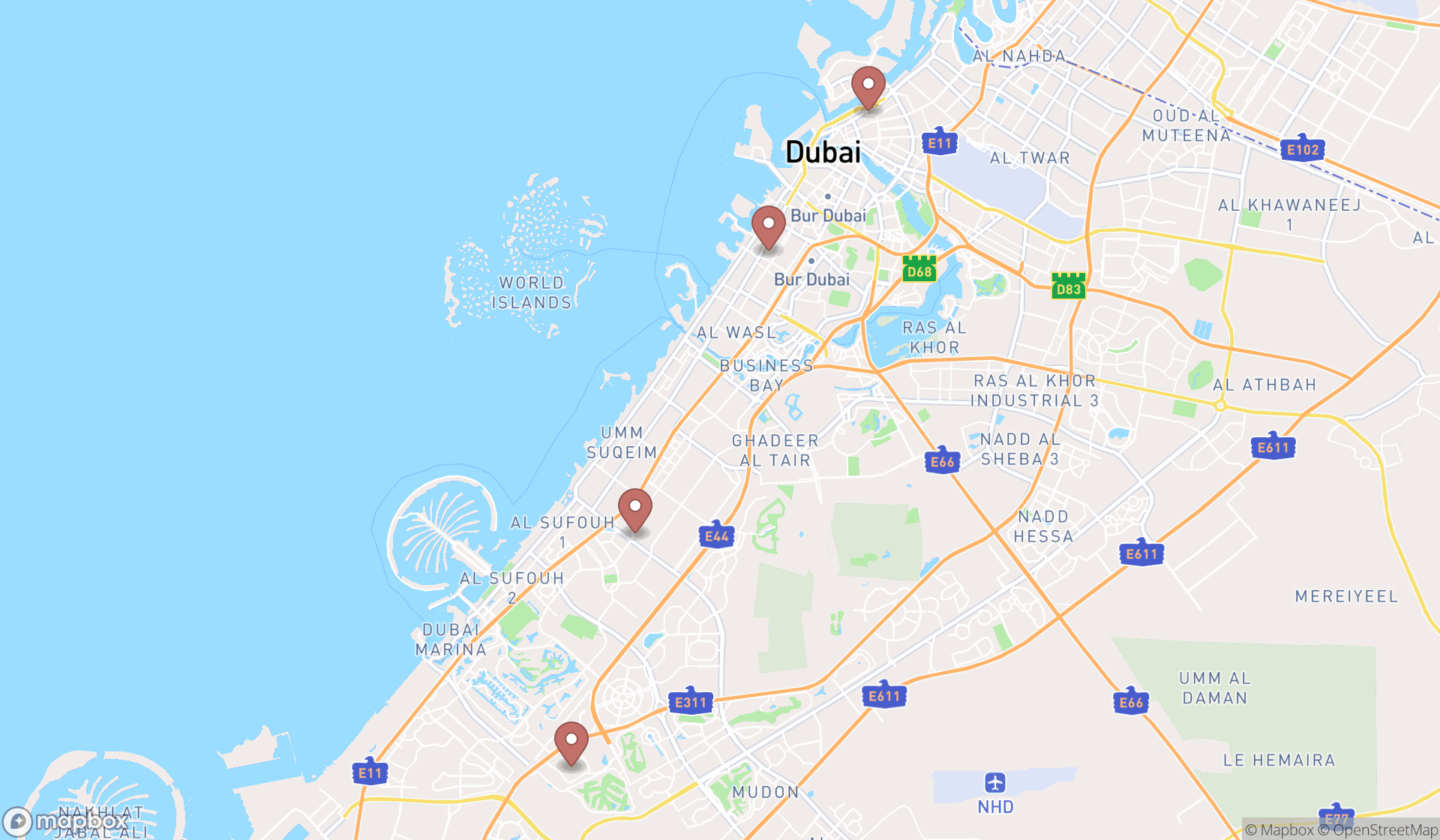 Map showing the search results in Dubai