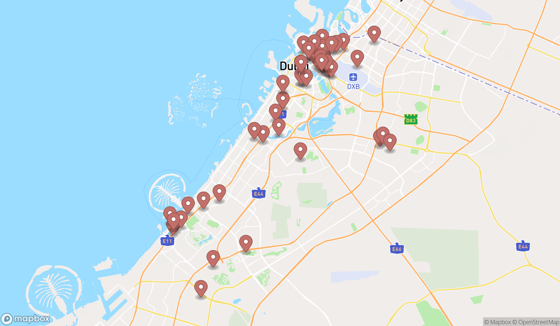 Map showing the search results in Dubai