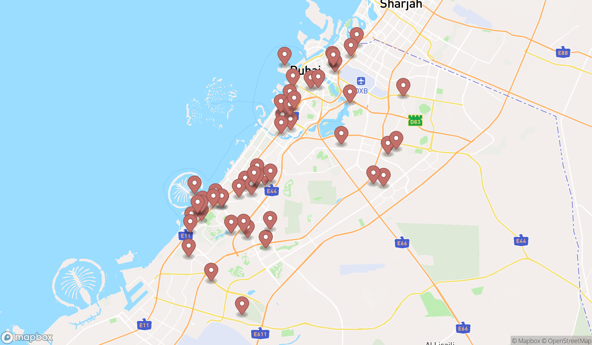 Map showing the search results in Dubai