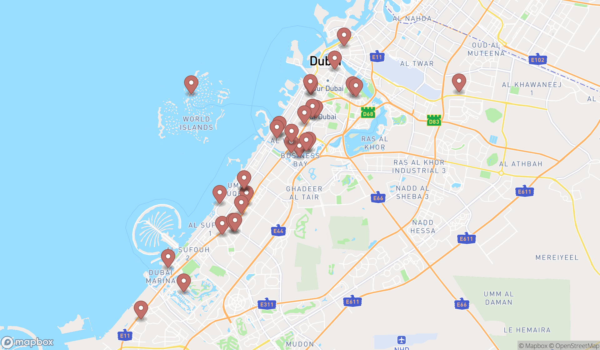 Map showing the search results in Dubai