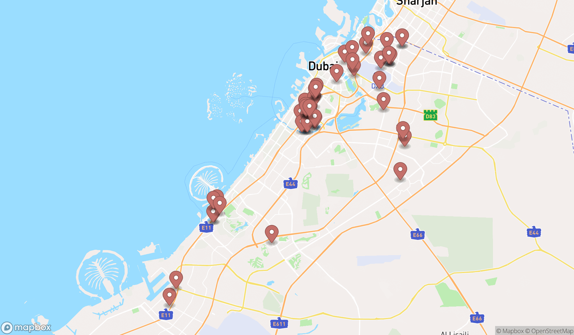 Map showing the search results in Dubai