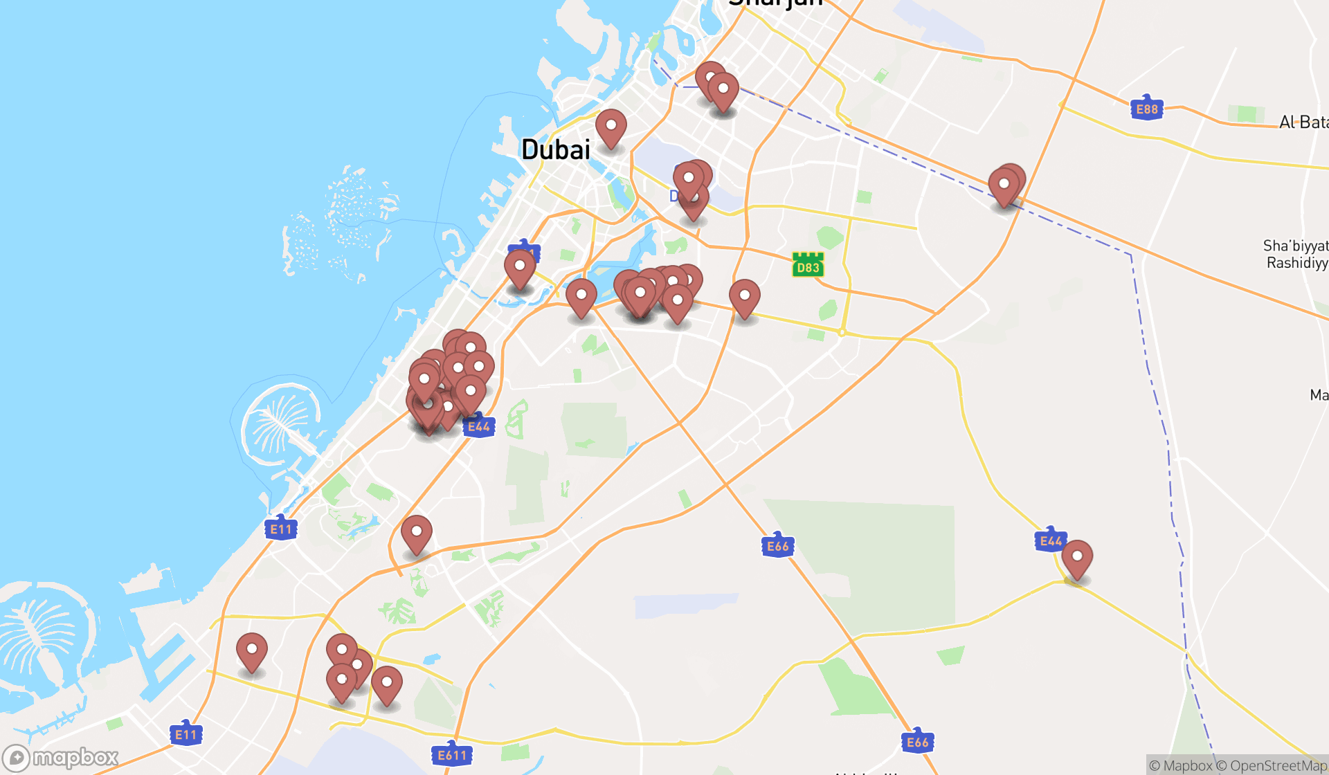 Map showing the search results in Dubai