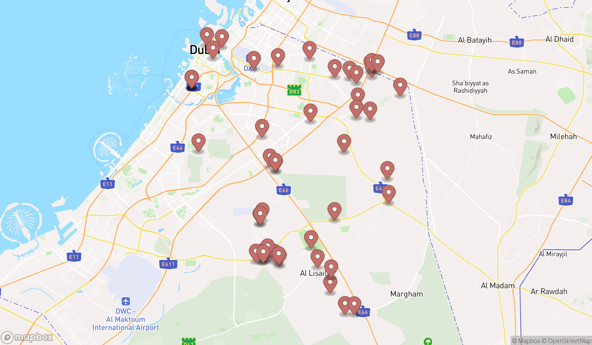 Map showing the search results in Dubai