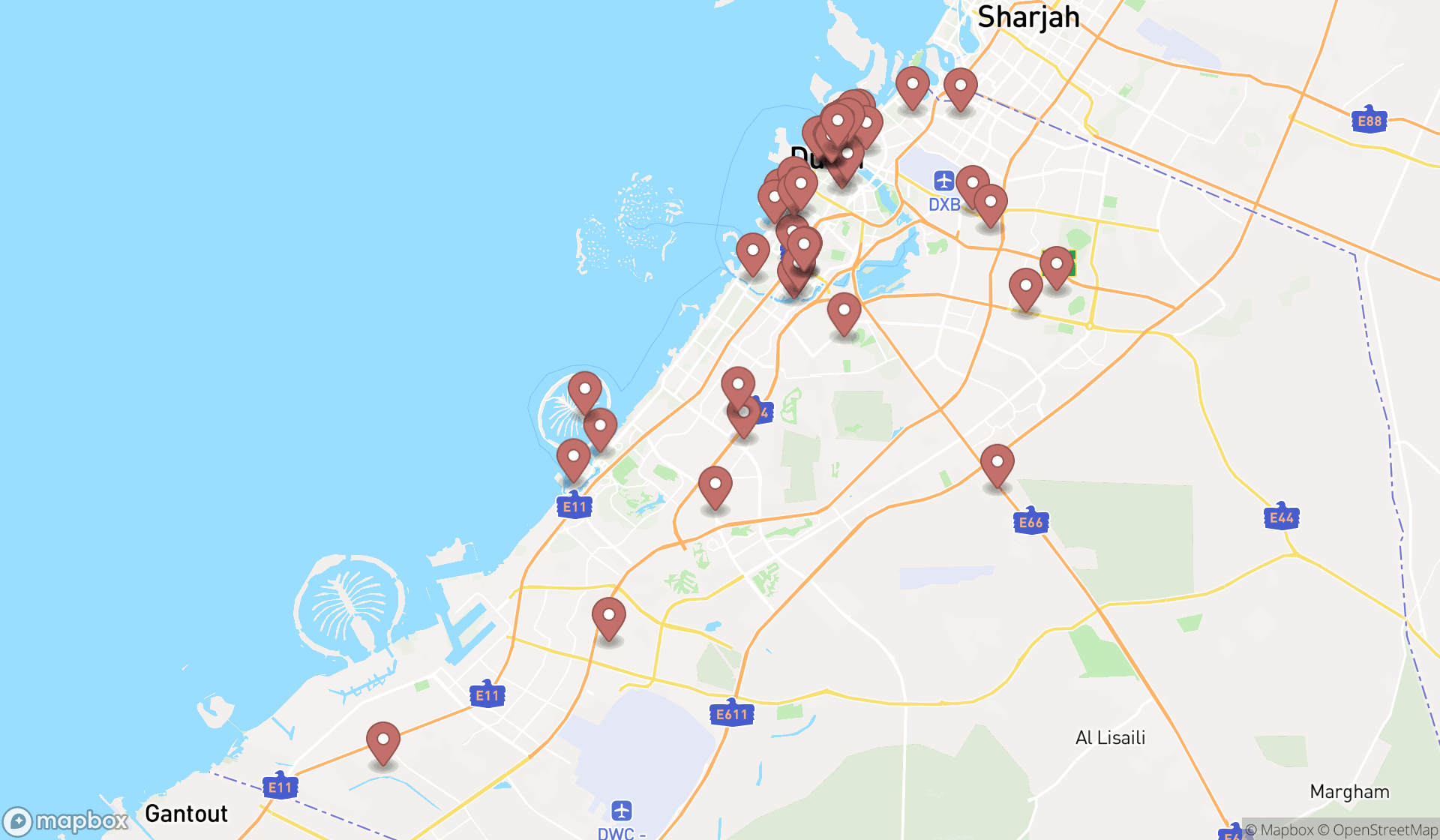 Map showing the search results in Dubai
