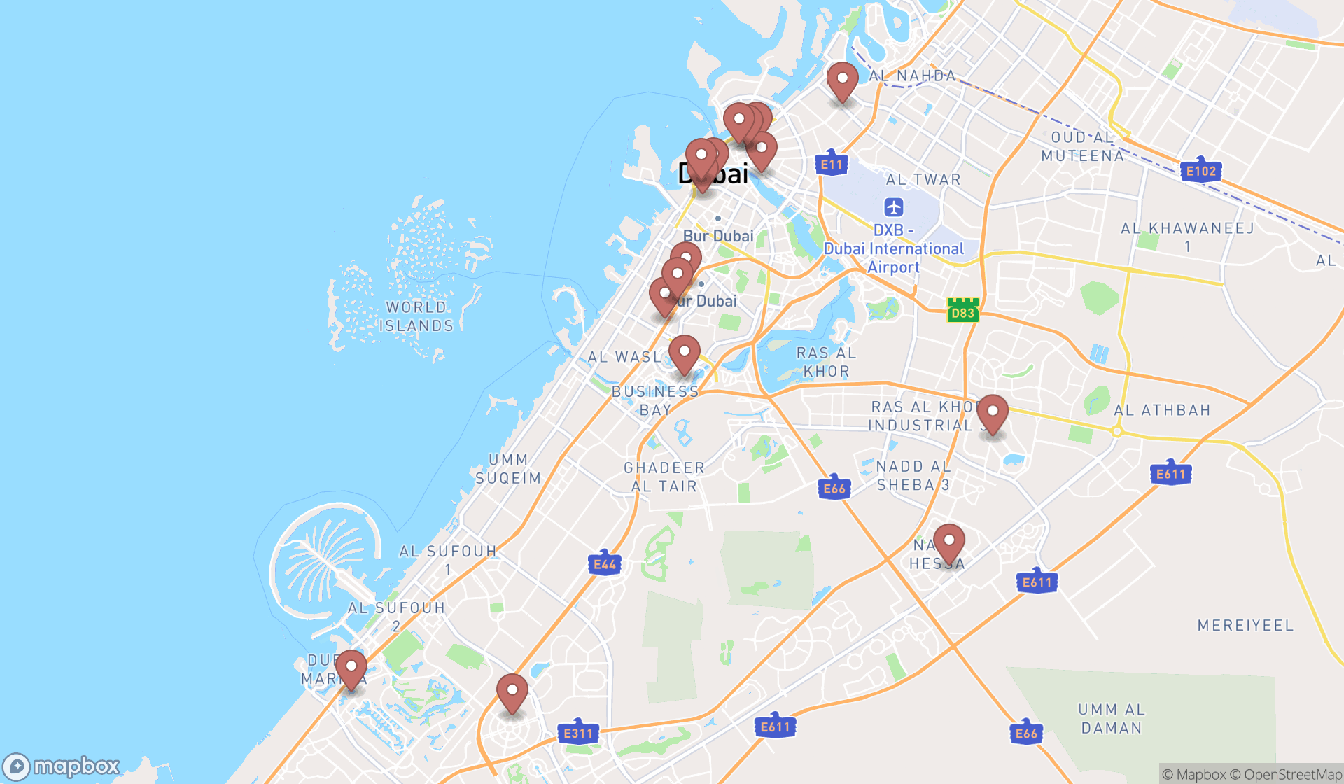 Map showing the search results in Dubai