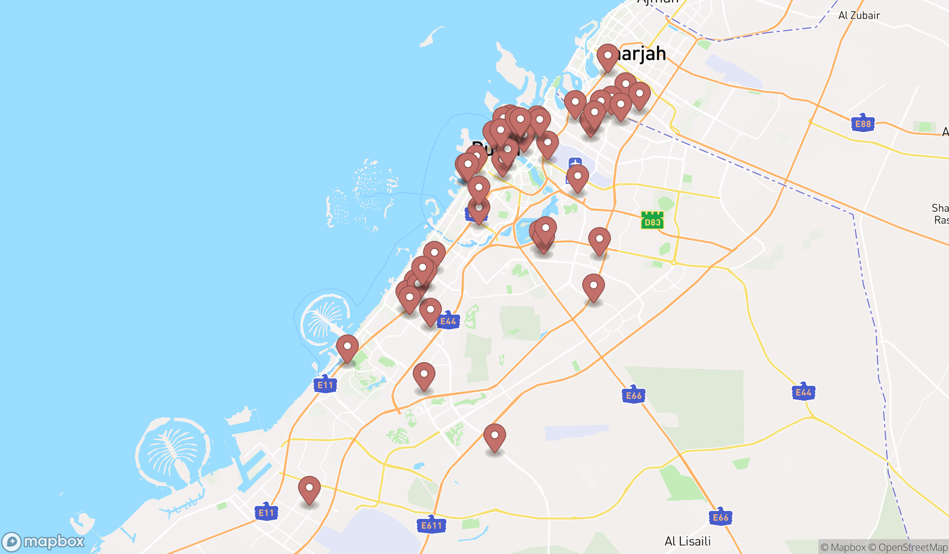 Map showing the search results in Dubai
