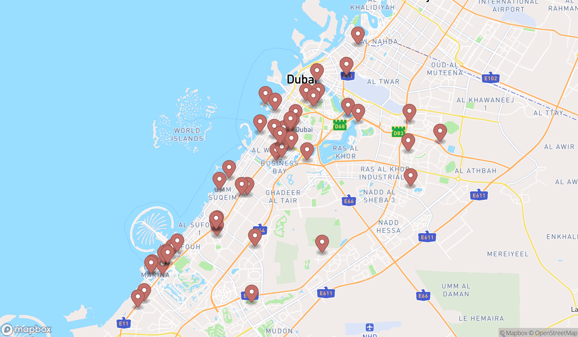 Map showing the search results in Dubai