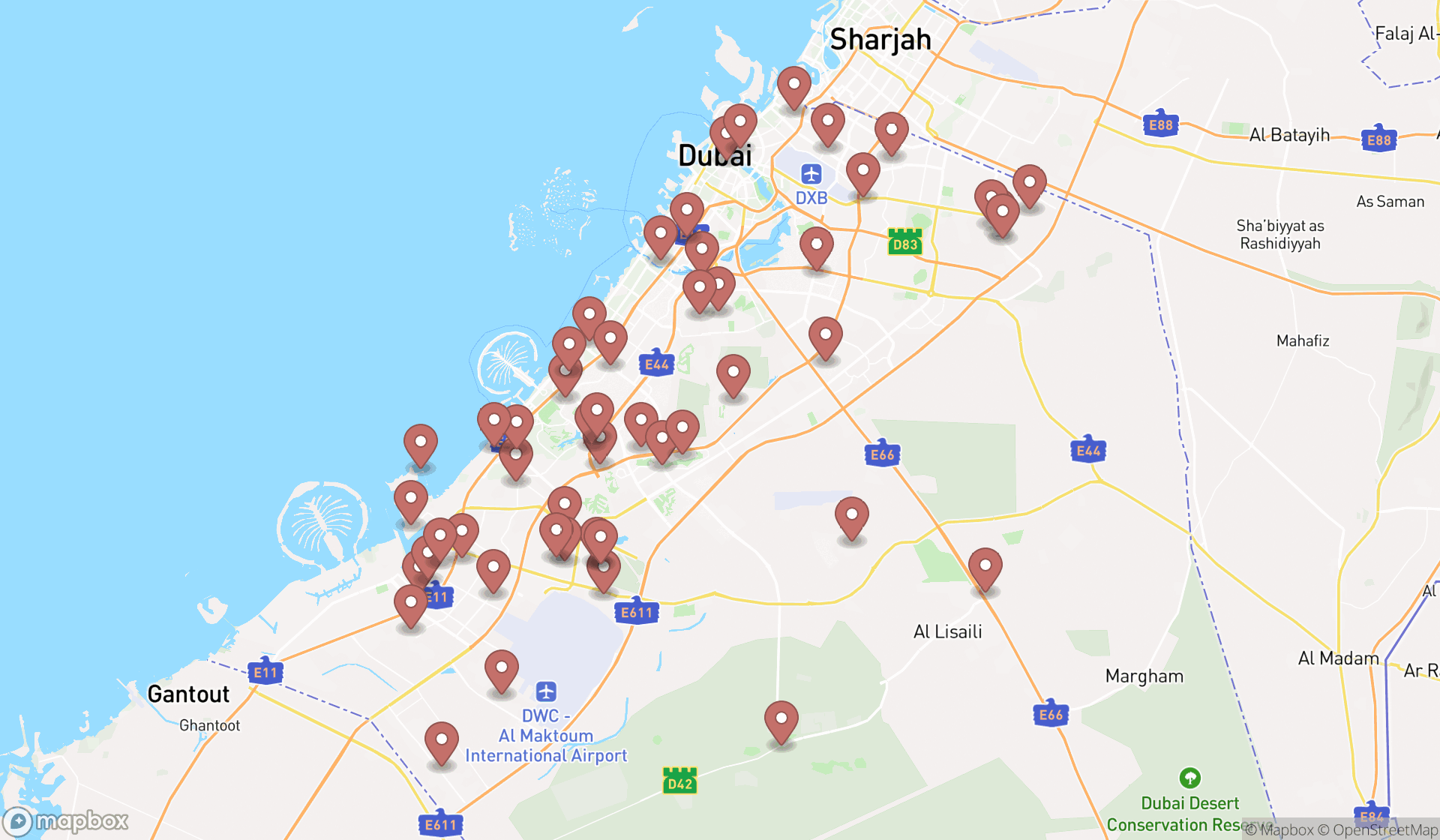 Map showing the search results in Dubai