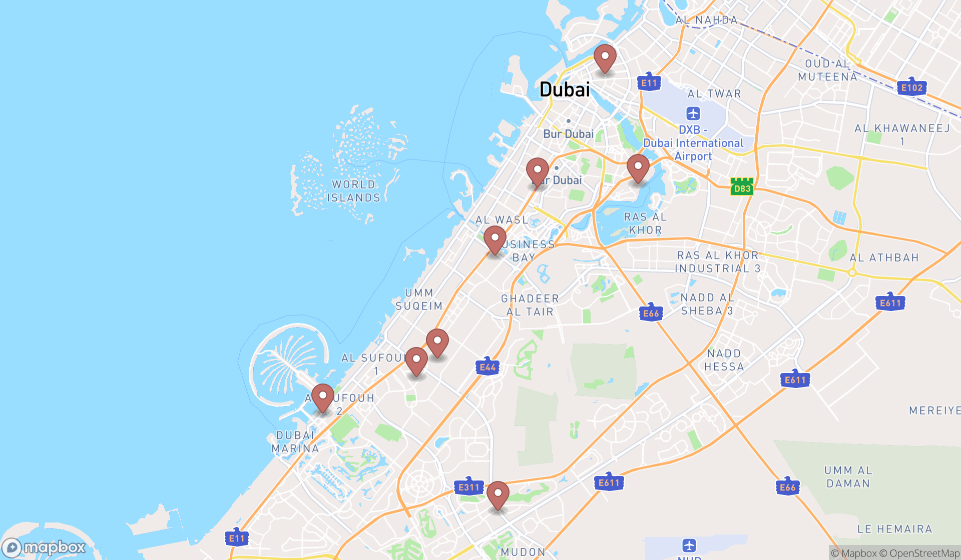 Map showing the search results in Dubai